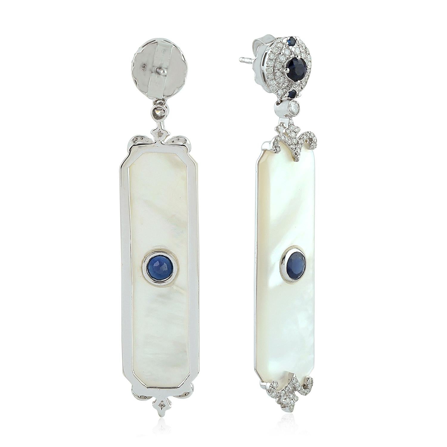 Contemporary 17.85ct Rectangular Shaped Pearl Dangle Earrings With Sapphire & Diamonds For Sale