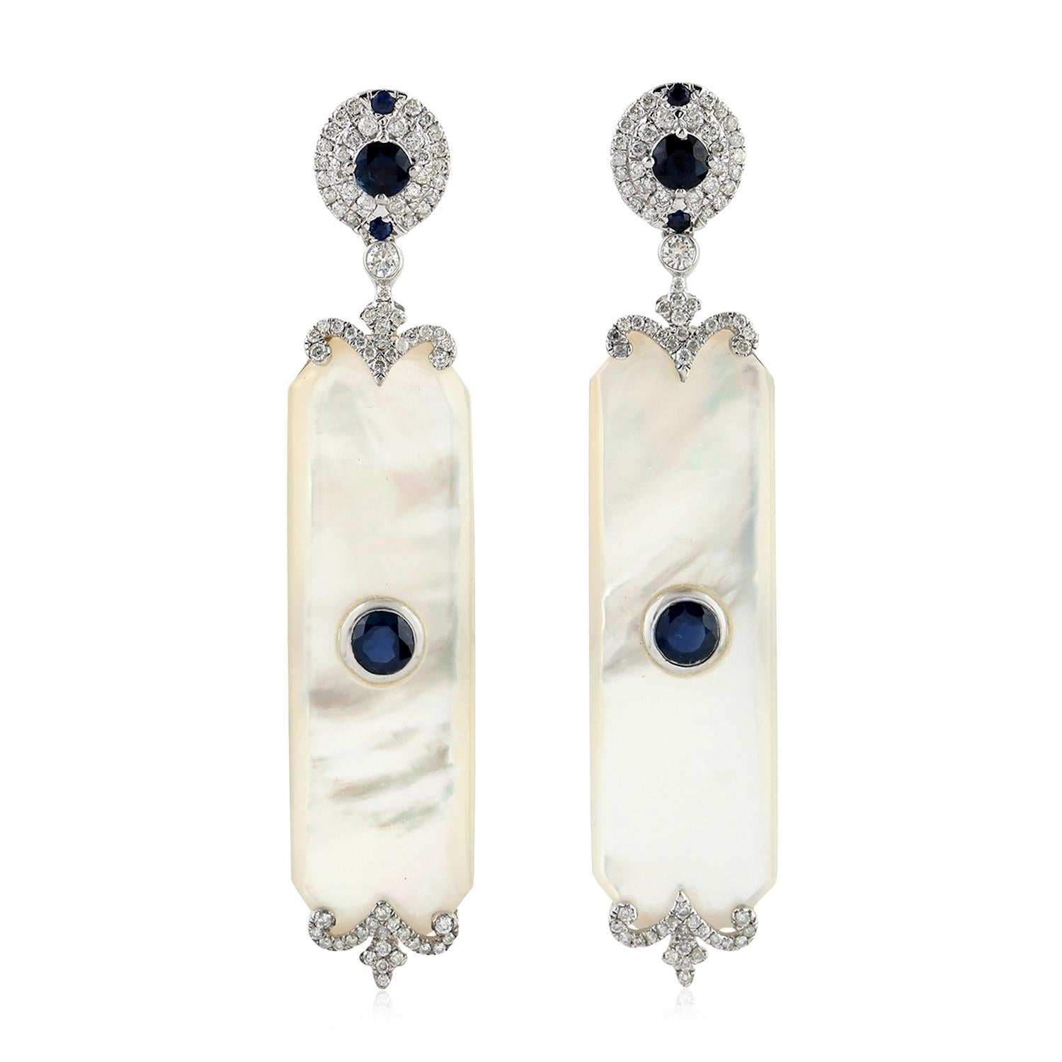 Mixed Cut 17.85ct Rectangular Shaped Pearl Dangle Earrings With Sapphire & Diamonds For Sale
