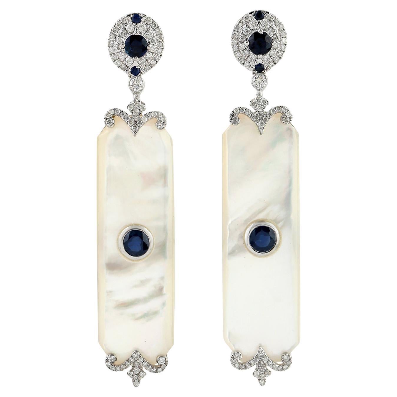 17.85ct Rectangular Shaped Pearl Dangle Earrings With Sapphire & Diamonds For Sale