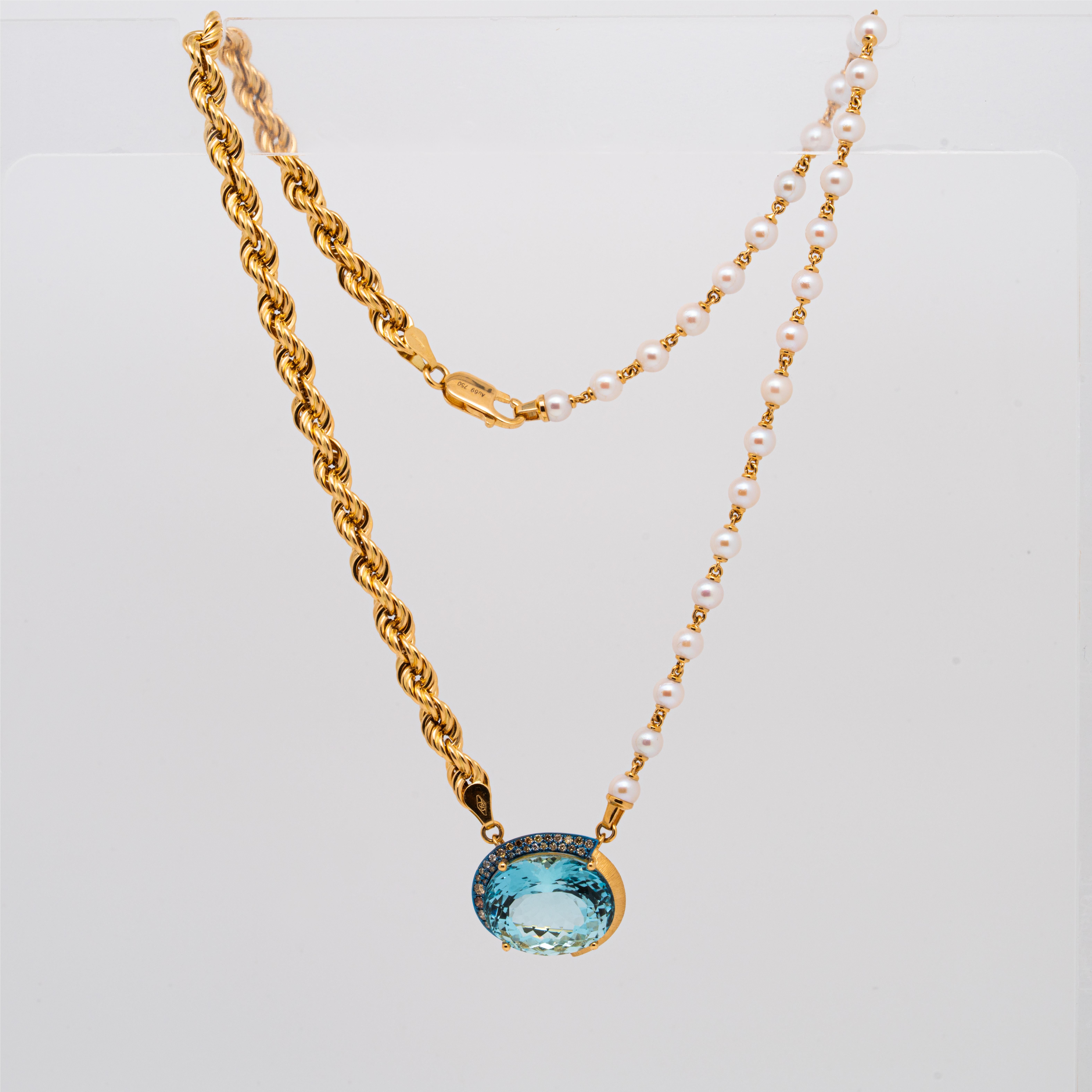 Moderno Collana con acquamarina, diamanti, perle e oro da 17,86 carati, oro 18 carati, Austy Lee in vendita