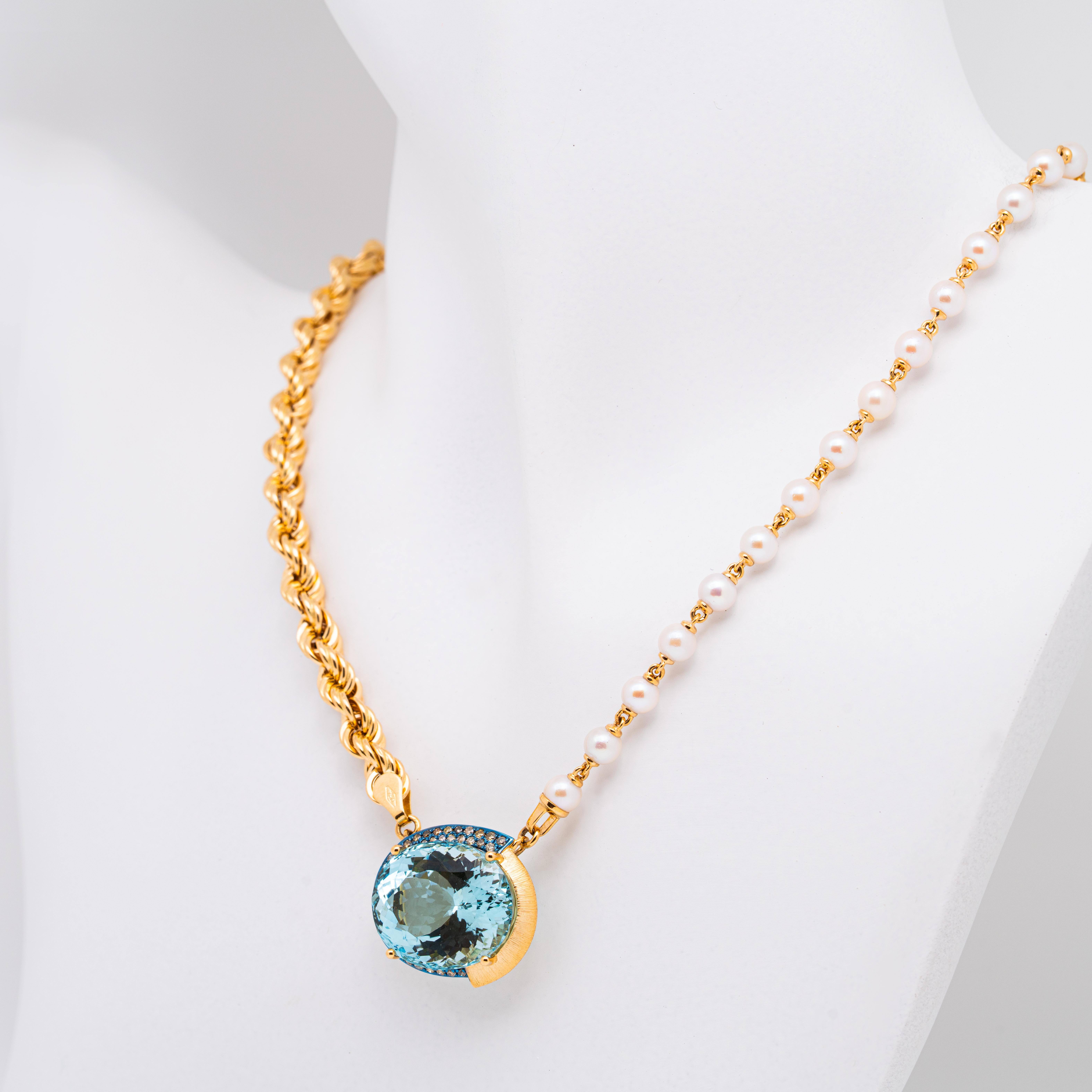 Collana con acquamarina, diamanti, perle e oro da 17,86 carati, oro 18 carati, Austy Lee In condizioni Nuovo in vendita a Hong Kong, HK