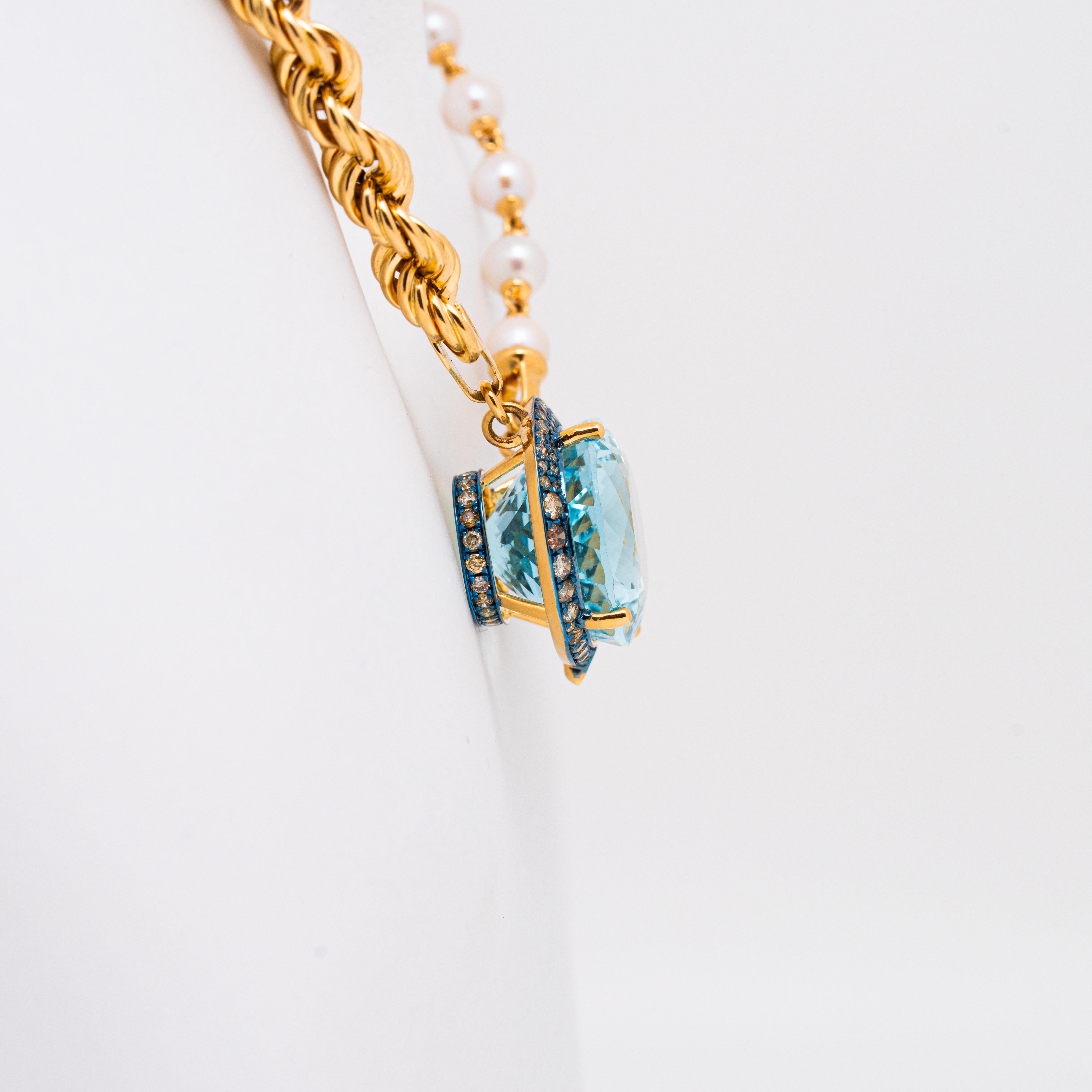 Collana con acquamarina, diamanti, perle e oro da 17,86 carati, oro 18 carati, Austy Lee in vendita 2