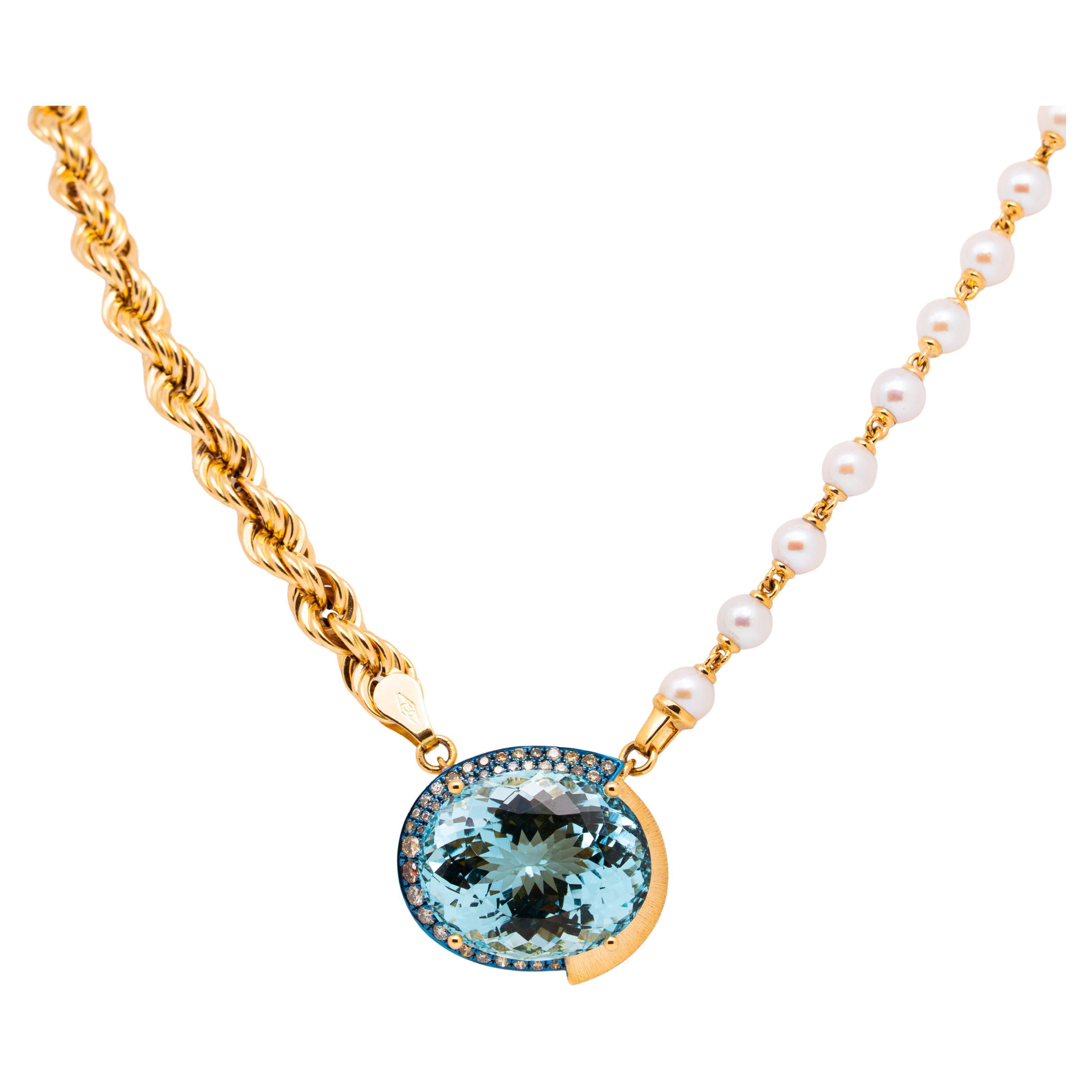 Collana con acquamarina, diamanti, perle e oro da 17,86 carati, oro 18 carati, Austy Lee in vendita
