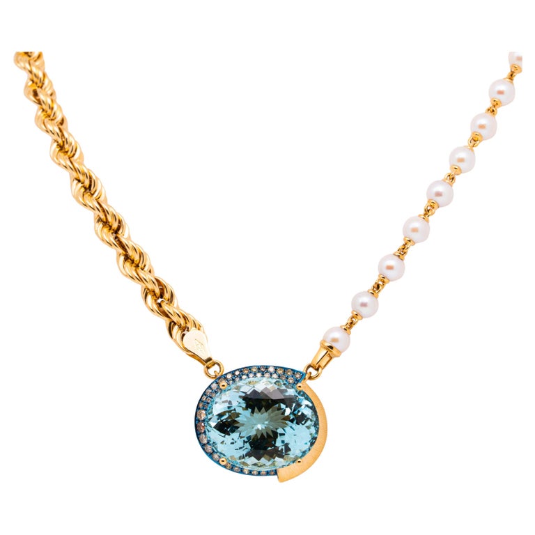 Carat Aquamarine, Diamond, Pearl and Gold Necklace, 18K Gold