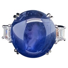 17.86 Carat GRS Certified Burma No Heat Sapphire Cabochon and White Diamond Ring