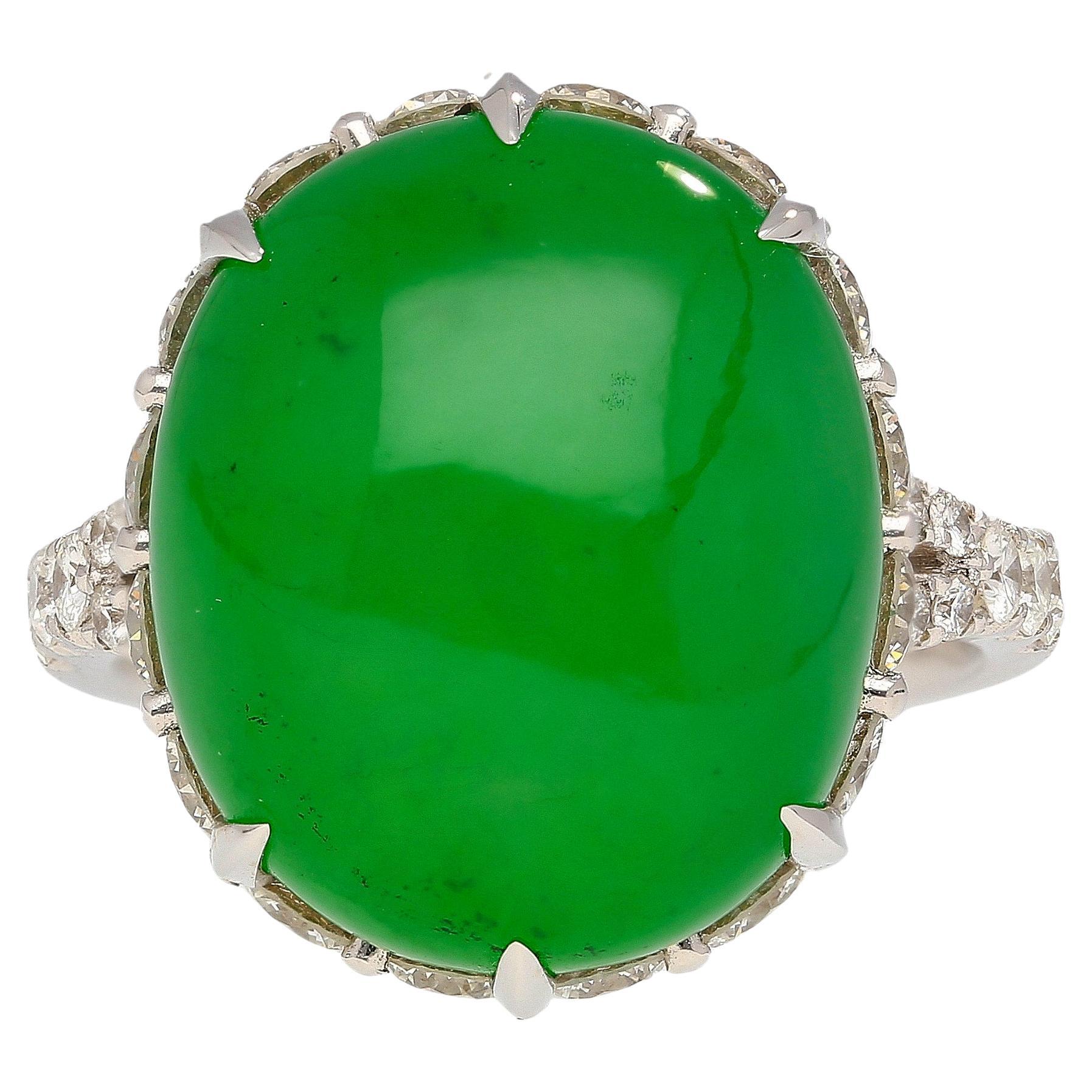 17.86 carat Jadeite Jade and Diamond Ring in 18K White Gold, weighing 6.72 grams. This size 7 (U.S.) ring, features an oval-cut Jade emitting a captivating green hue.

Surrounding the Jade are 16 round-cut diamonds (1.58 CTTW, 3mm) and 62 more (0.70