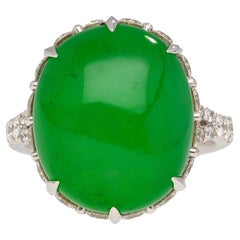 17.86 Carat Oval Cut Jadeite Jade and Diamond Ring in 18K White Gold