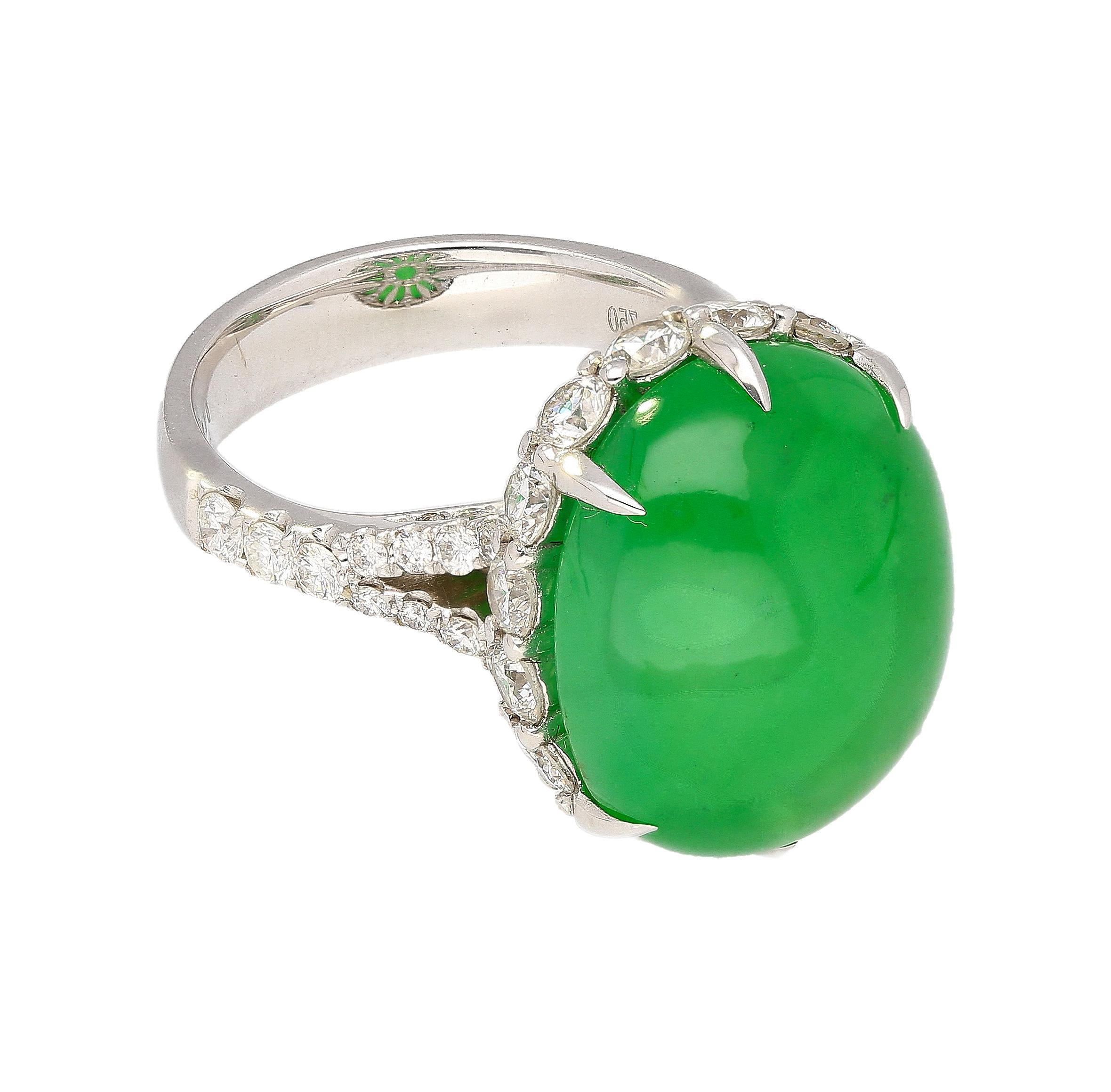 Art Deco 17.86 Carat Oval Cut Jadeite Jade and Diamond Ring in 18K White Gold For Sale
