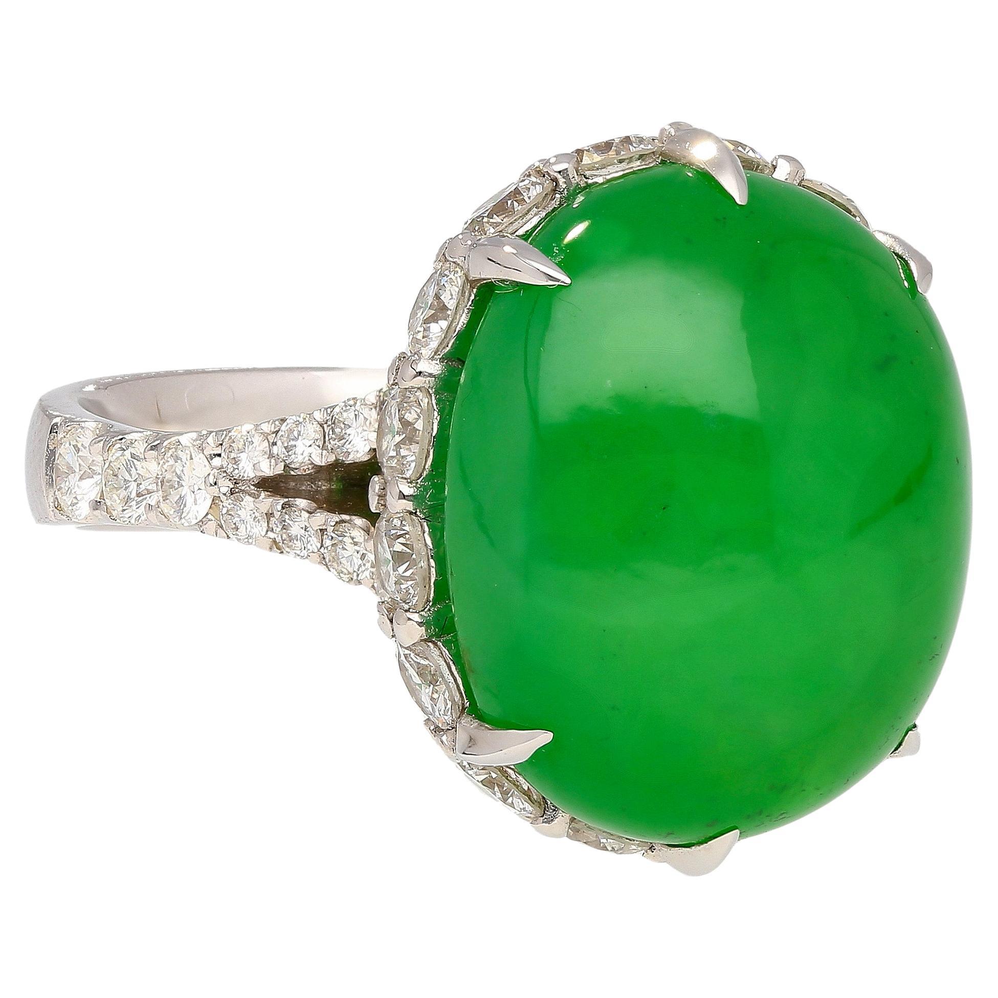 17.86 Carat Oval Cut Jadeite Jade and Diamond Ring in 18K White Gold For Sale