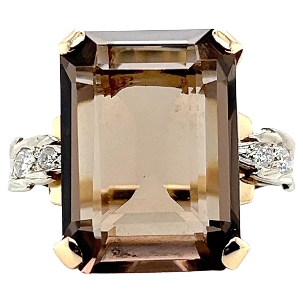 17.86 Carat Smokey Quartz Diamond and 14k Yellow Gold Cocktail Ring 1940s
