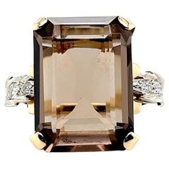17.86 Carat Smokey Quartz Diamond and 14k Yellow Gold Cocktail Ring 1940s