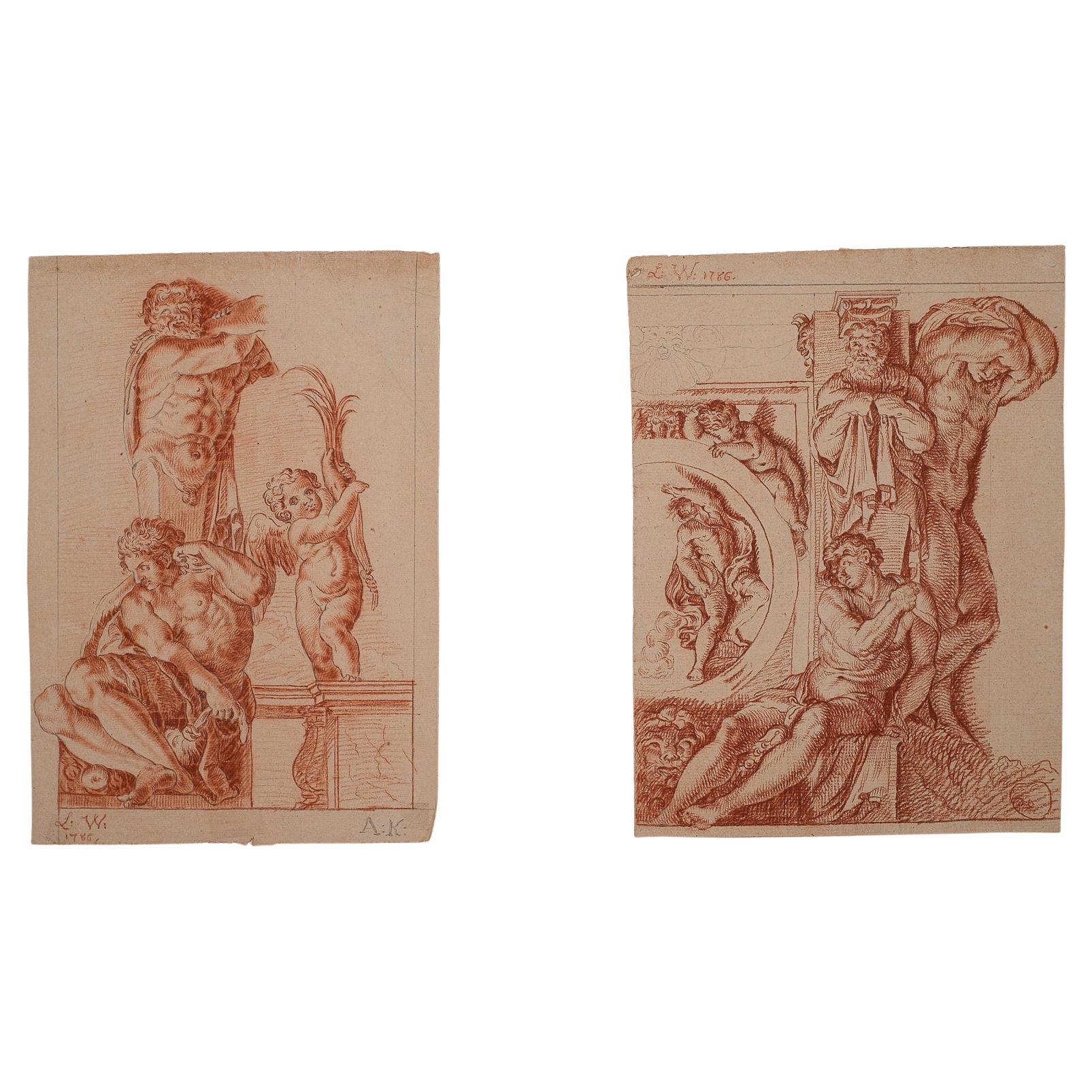 1786 Pair of Red Chalk Drawings After Carracci by Ludwig Weiß, Munich Academy For Sale