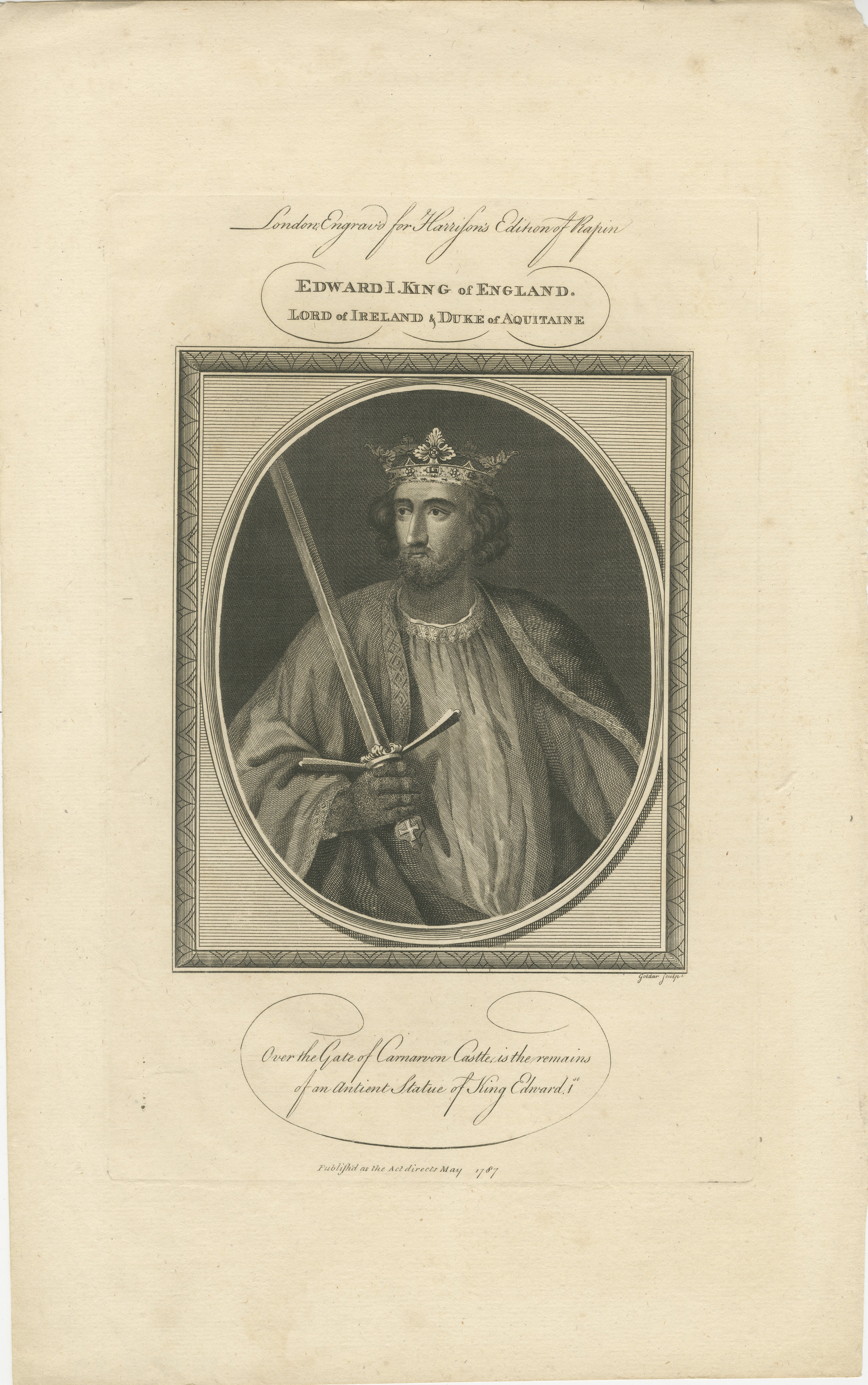 An engraved portrait of Edward I, also known as Edward Longshanks and the Hammer of the Scots, who was King of England from 1272 to 1307. 

The text beneath the image indicates that the engraving is based on the remains of an ancient statue of King