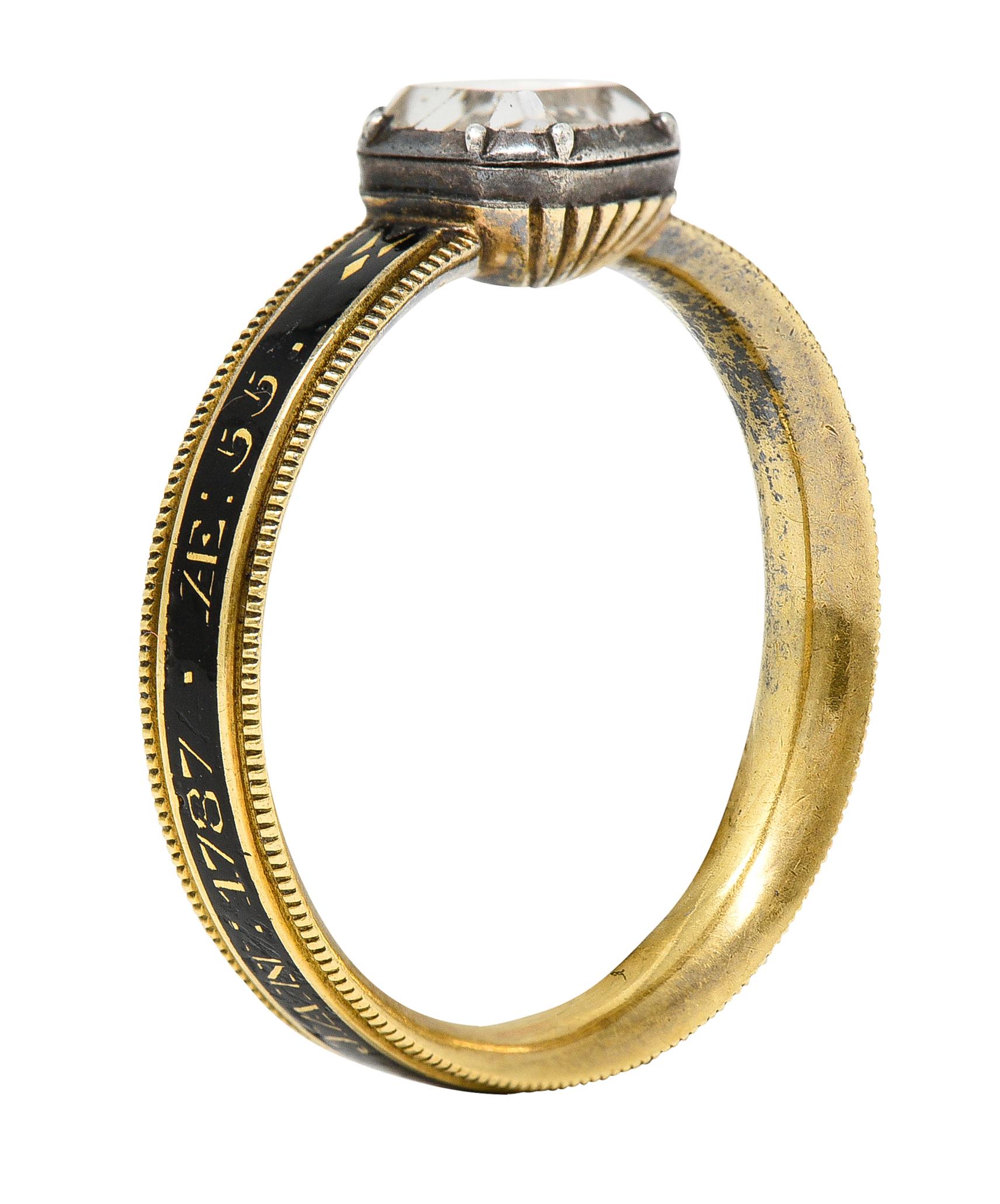 Women's or Men's 1787 Georgian Quartz Enamel Silver 18 Karat Yellow Gold Memento Mori Skull Ring