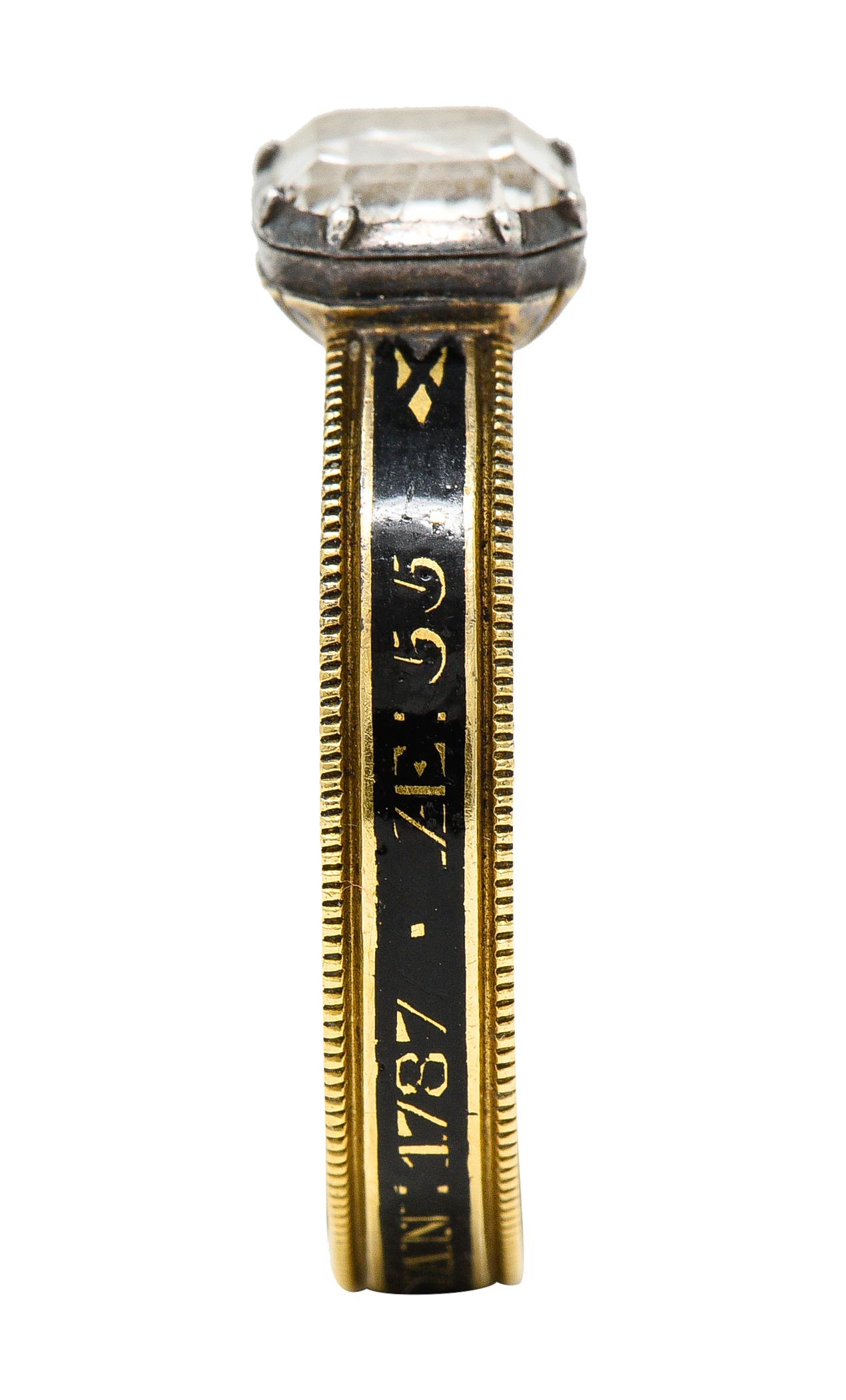 1787 Georgian Quartz Enamel Silver 18 Karat Yellow Gold Memento Mori Skull Ring 2