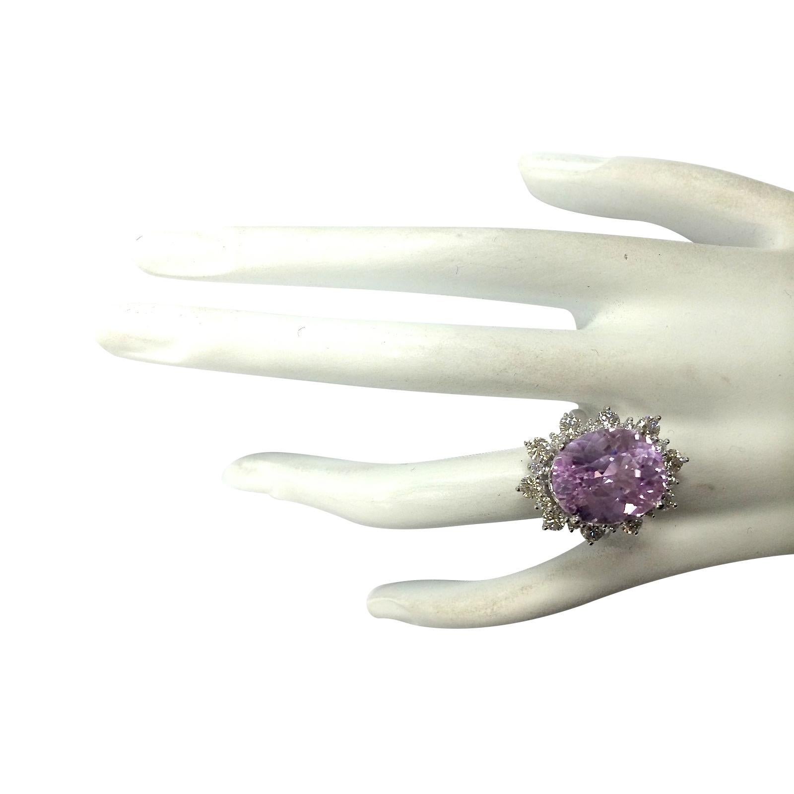 Natural Kunzite Diamond Ring In 14 Karat White Gold  In New Condition For Sale In Los Angeles, CA