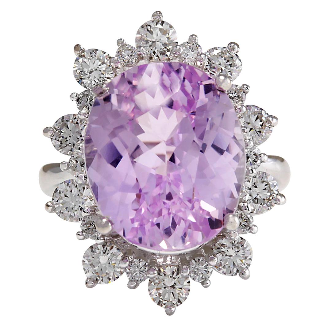 Natural Kunzite Diamond Ring In 14 Karat White Gold 