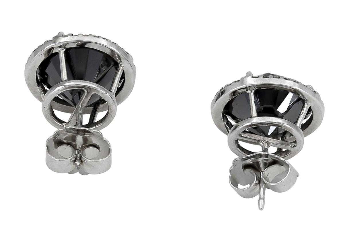 Contemporary 17.88 Carat Round Black Diamond Halo Stud Earrings For Sale