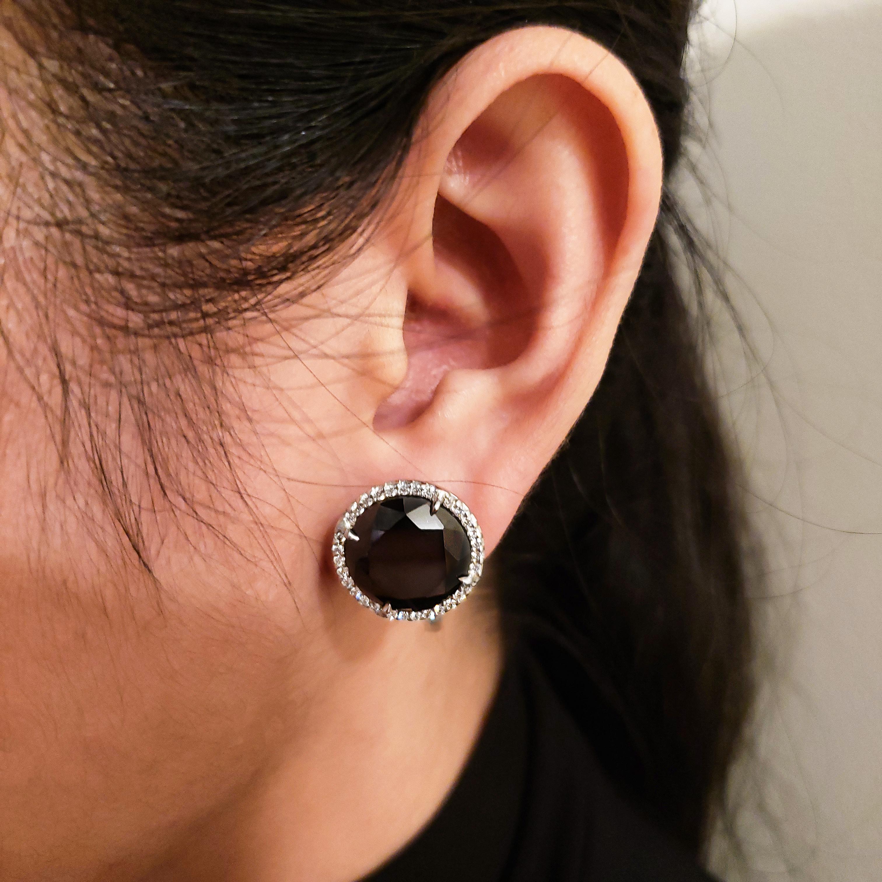 Round Cut 17.88 Carat Round Black Diamond Halo Stud Earrings For Sale