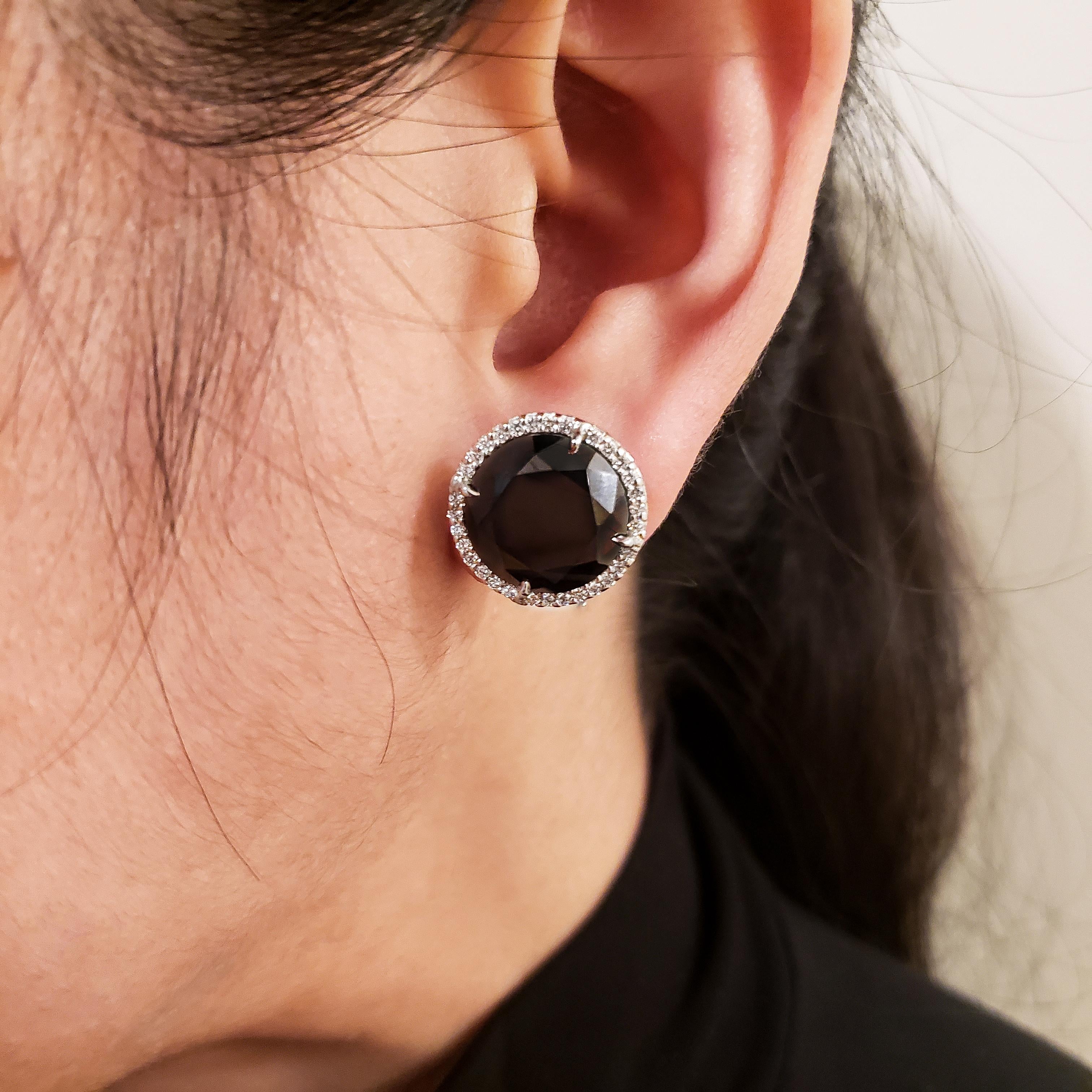 17.88 Carat Round Black Diamond Halo Stud Earrings In Excellent Condition For Sale In New York, NY
