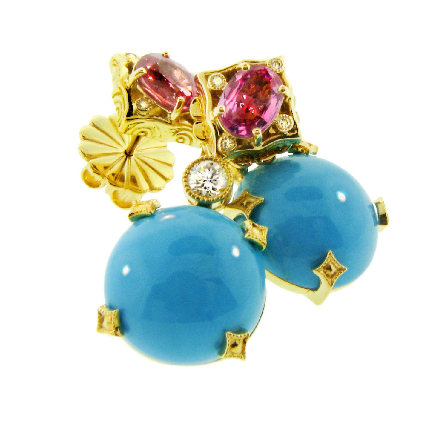 Amazingly colorful, and stunningly chic. These earrings created by world renowned jewelry designer Danuta, are truly captivating. The sleeping beauty  turquoise 17.88 carats is the compelling focal point, that arouses your optical senses. The