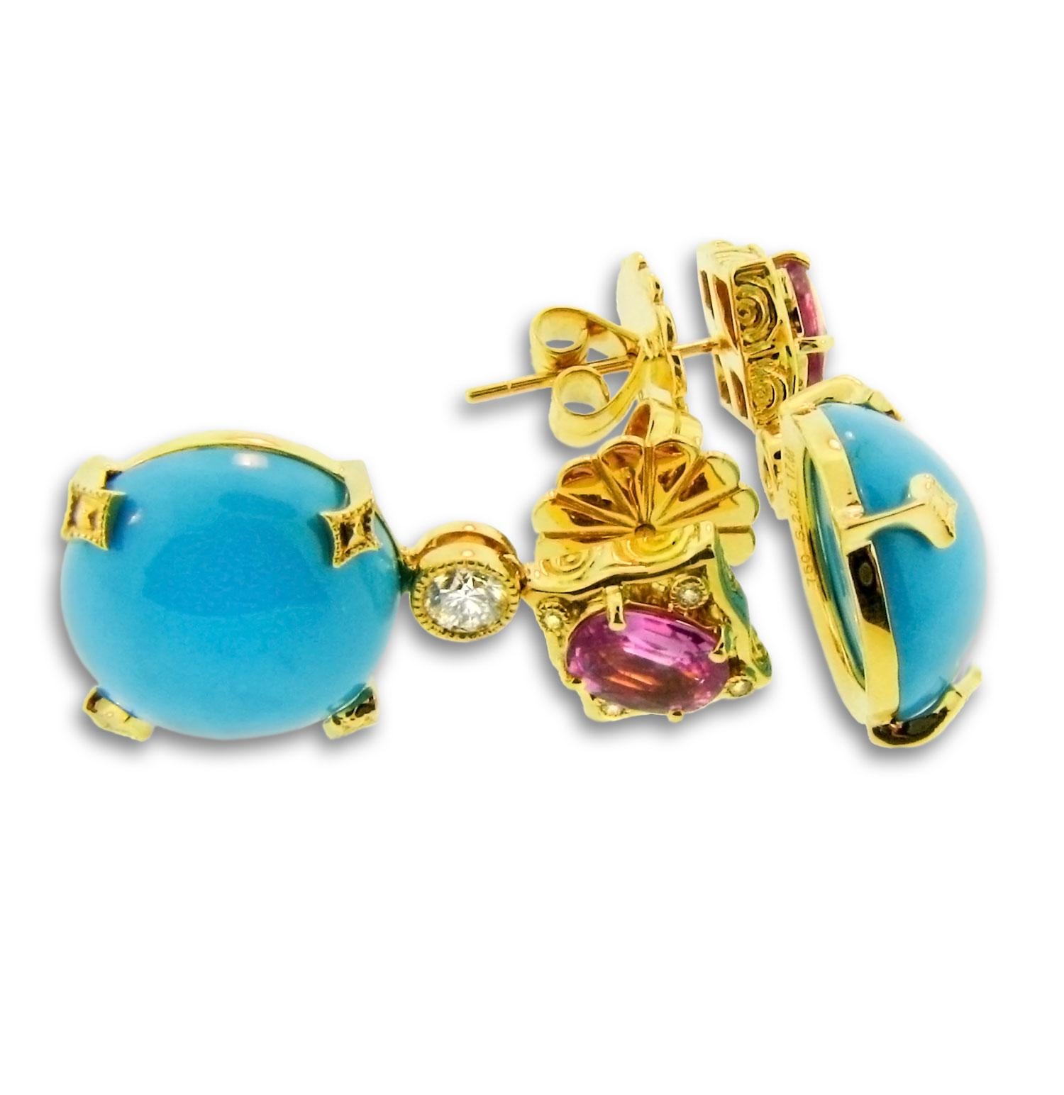 Contemporary 17.88 Carat Sleeping Beauty Turquoise and 2.25 Carat Pink Sapphire Earrings For Sale
