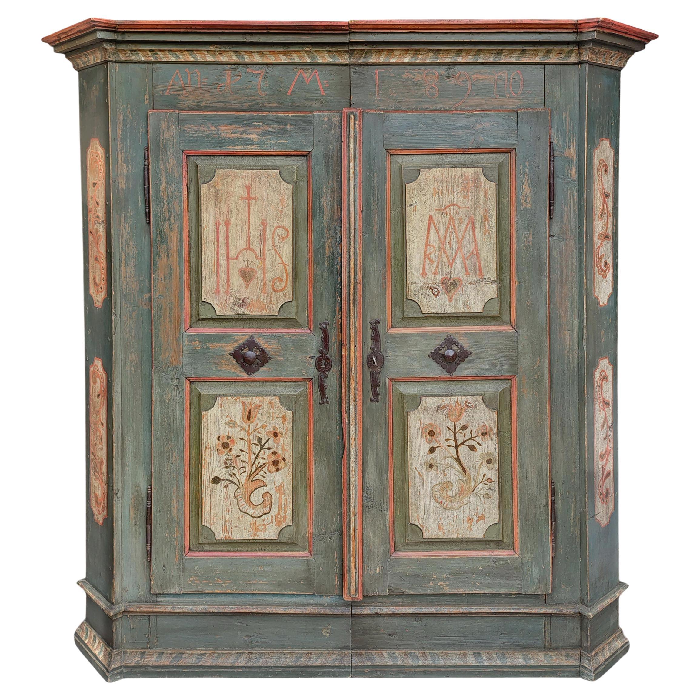 1789 Green Floral Painted Cupboard