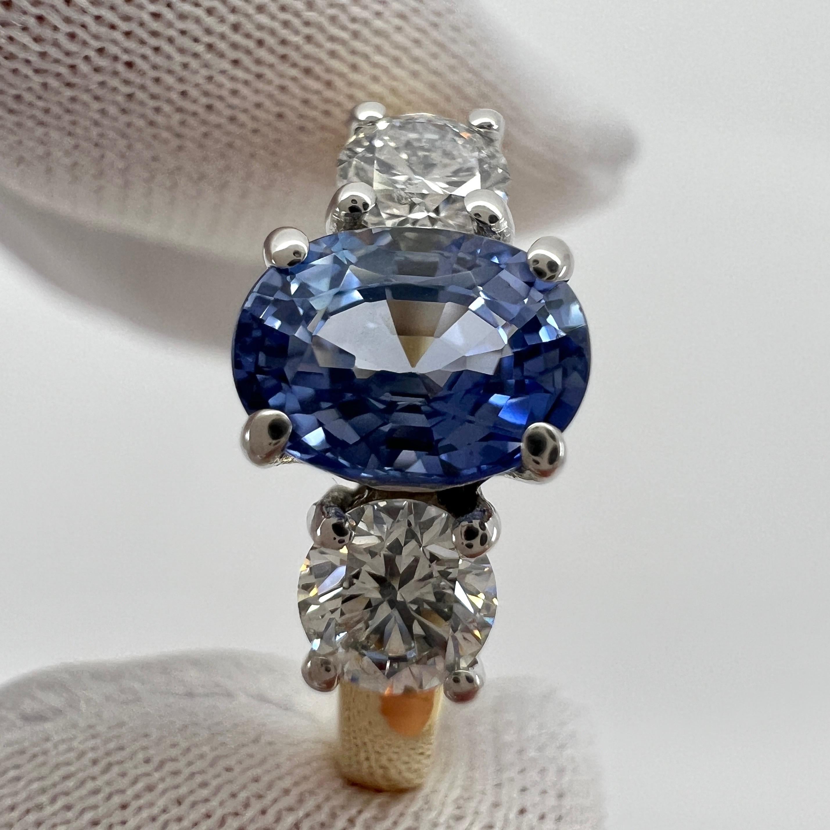 1.78ct Fine Blue Ceylon Oval Cut Sapphire Diamond Three Stone 18k Gold Ring 5