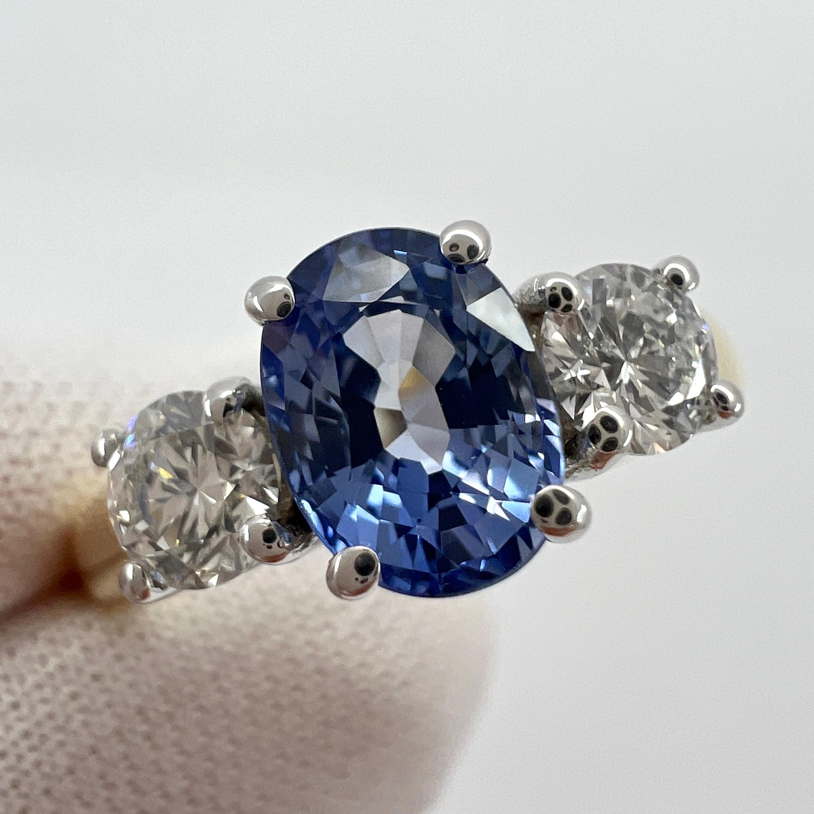 1.78ct Fine Blue Ceylon Oval Cut Sapphire Diamond Three Stone 18k Gold Ring 6