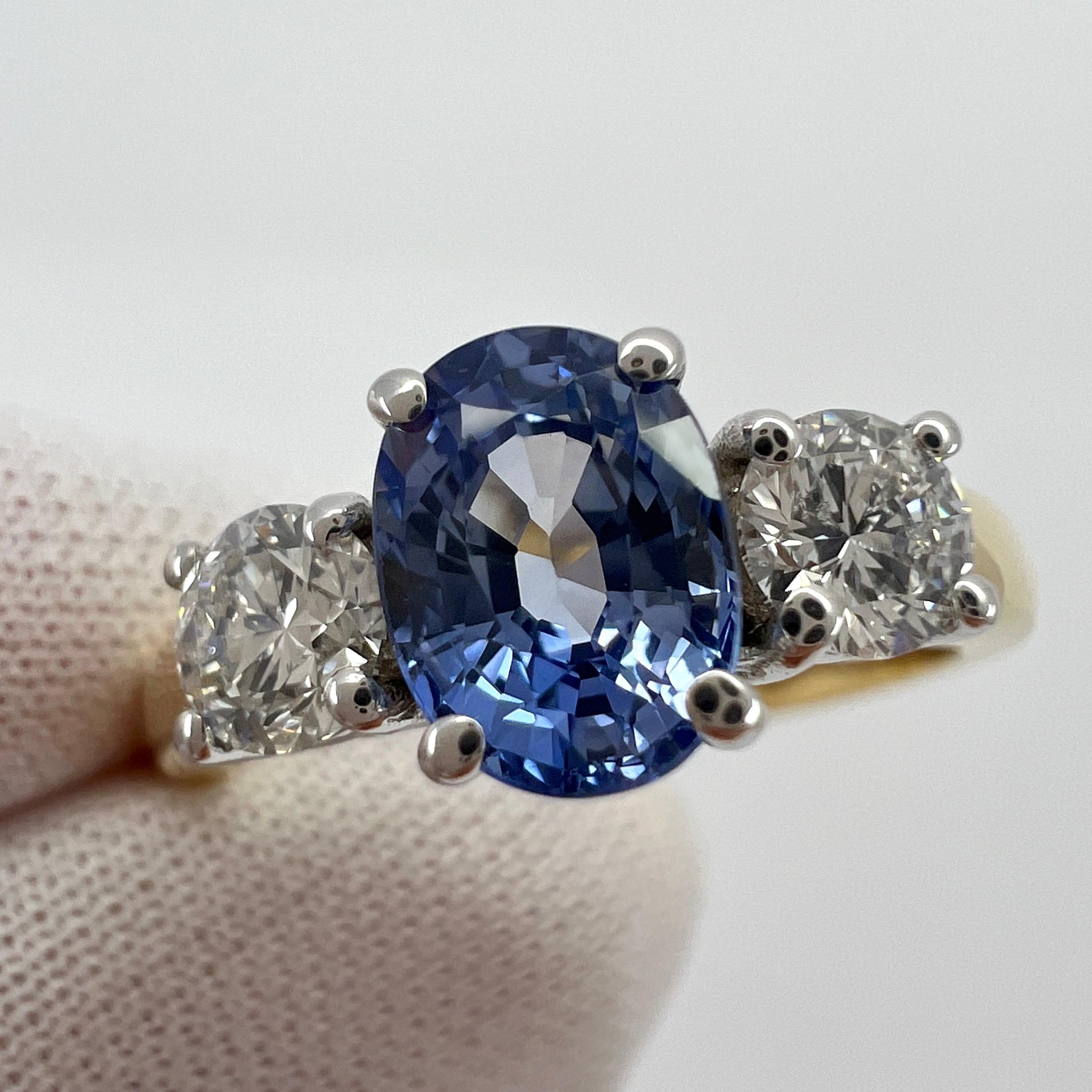 Women's or Men's 1.78ct Fine Blue Ceylon Oval Cut Sapphire Diamond Three Stone 18k Gold Ring