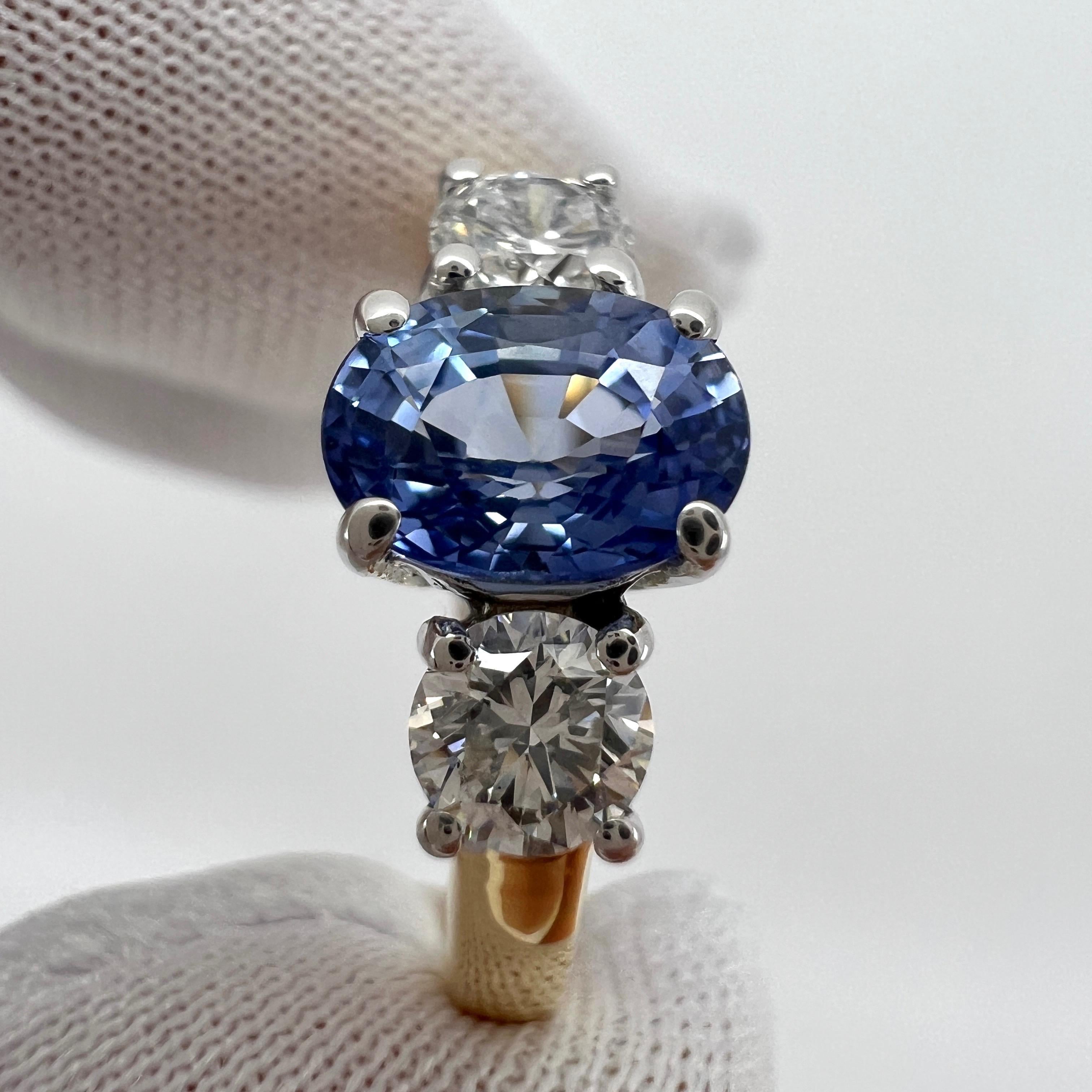 1.78ct Fine Blue Ceylon Oval Cut Sapphire Diamond Three Stone 18k Gold Ring 1