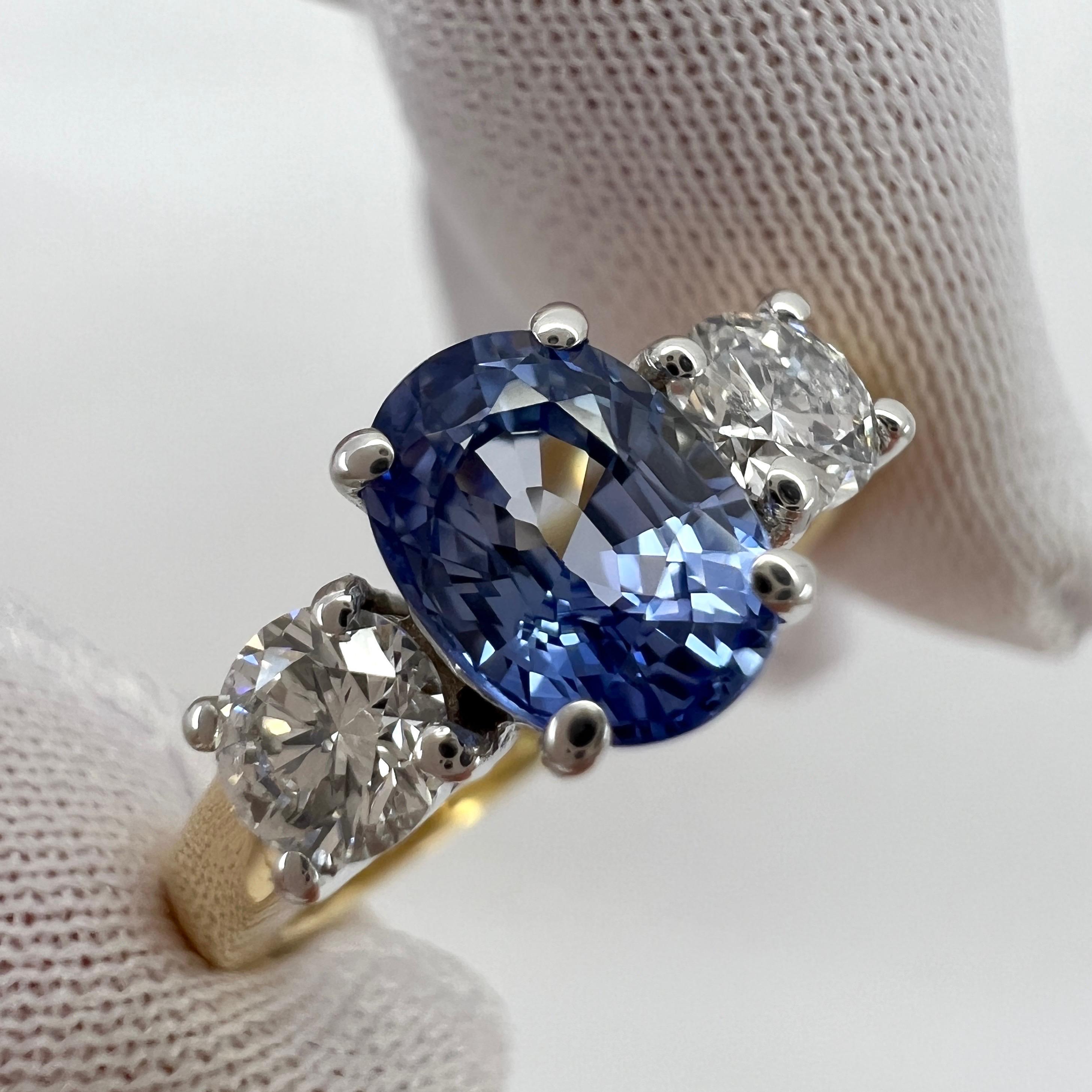 1.78ct Fine Blue Ceylon Oval Cut Sapphire Diamond Three Stone 18k Gold Ring 2