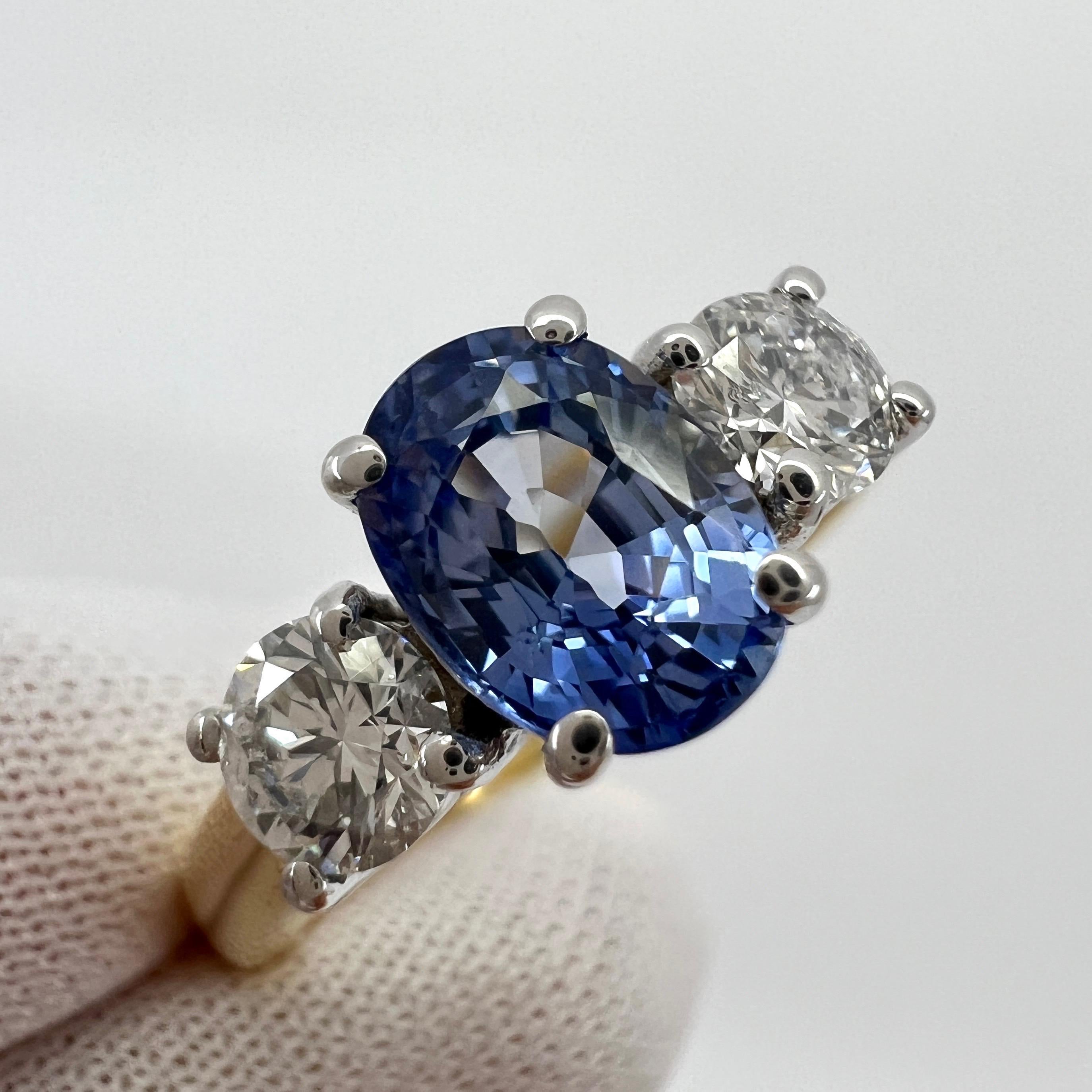 1.78ct Fine Blue Ceylon Oval Cut Sapphire Diamond Three Stone 18k Gold Ring 3