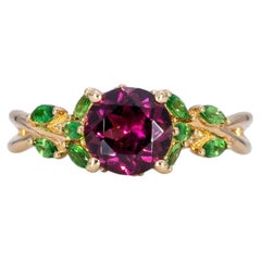 1.78Ct Purple Garnet Ring with Tsavorite Garnet Accents in Solid 14K gold