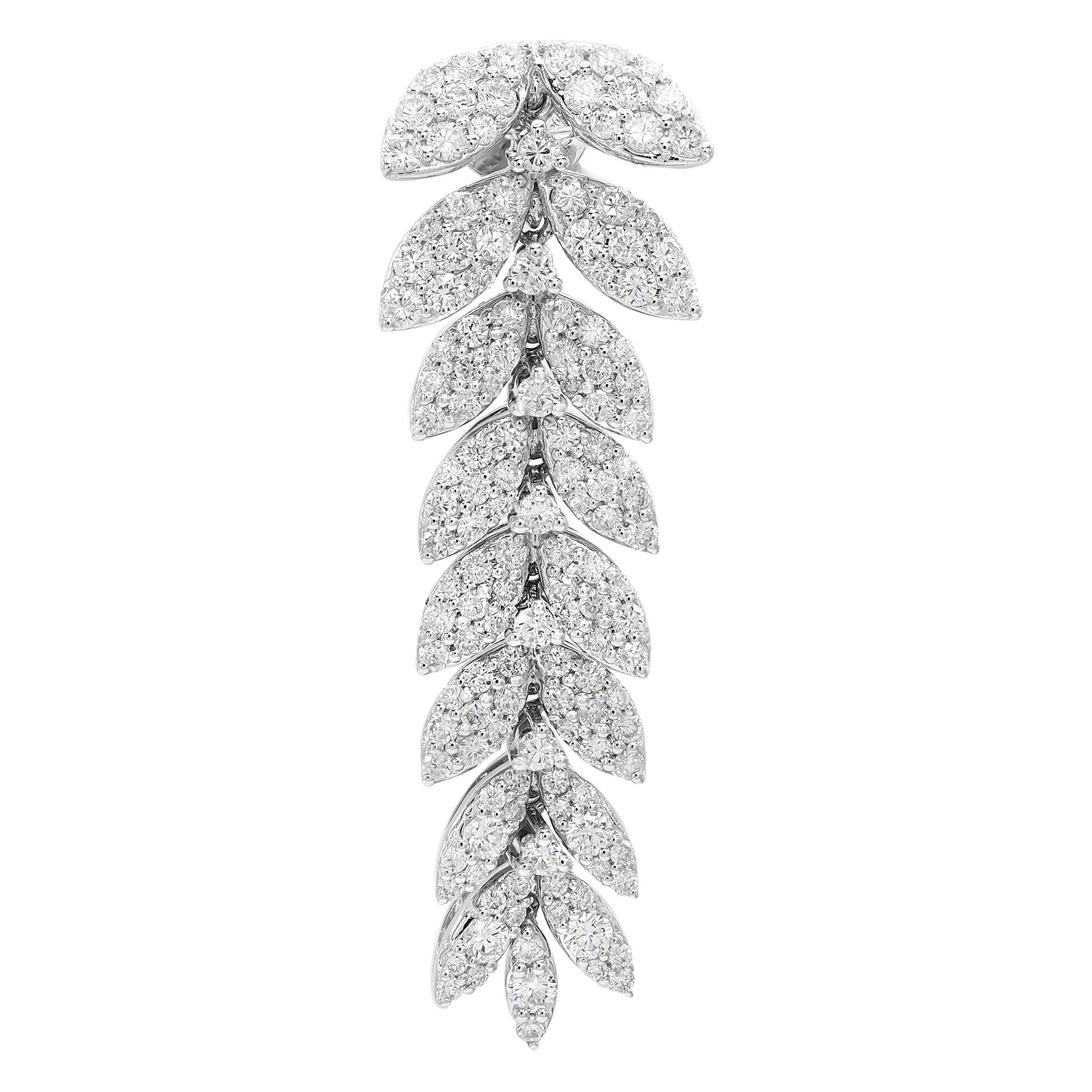 1.78Cttw Pave Set Round Cut Diamond Leaf Statement Drop Earrings 18K White Gold In New Condition For Sale In New York, NY