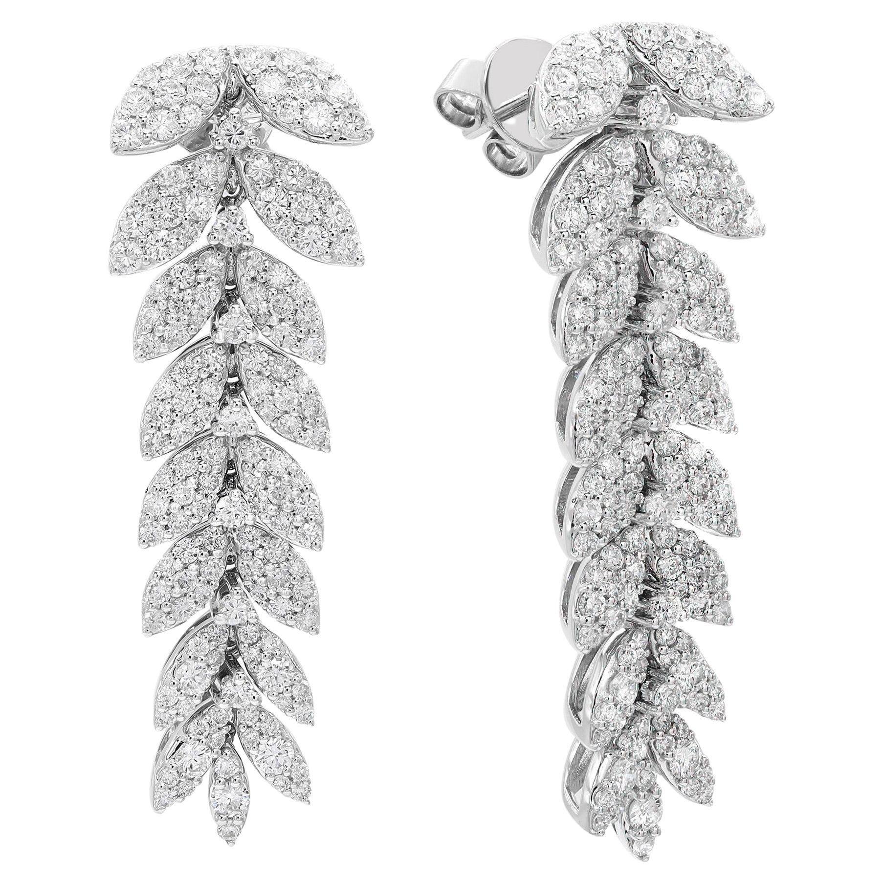 1.78Cttw Pave Set Round Cut Diamond Leaf Statement Drop Earrings 18K White Gold For Sale