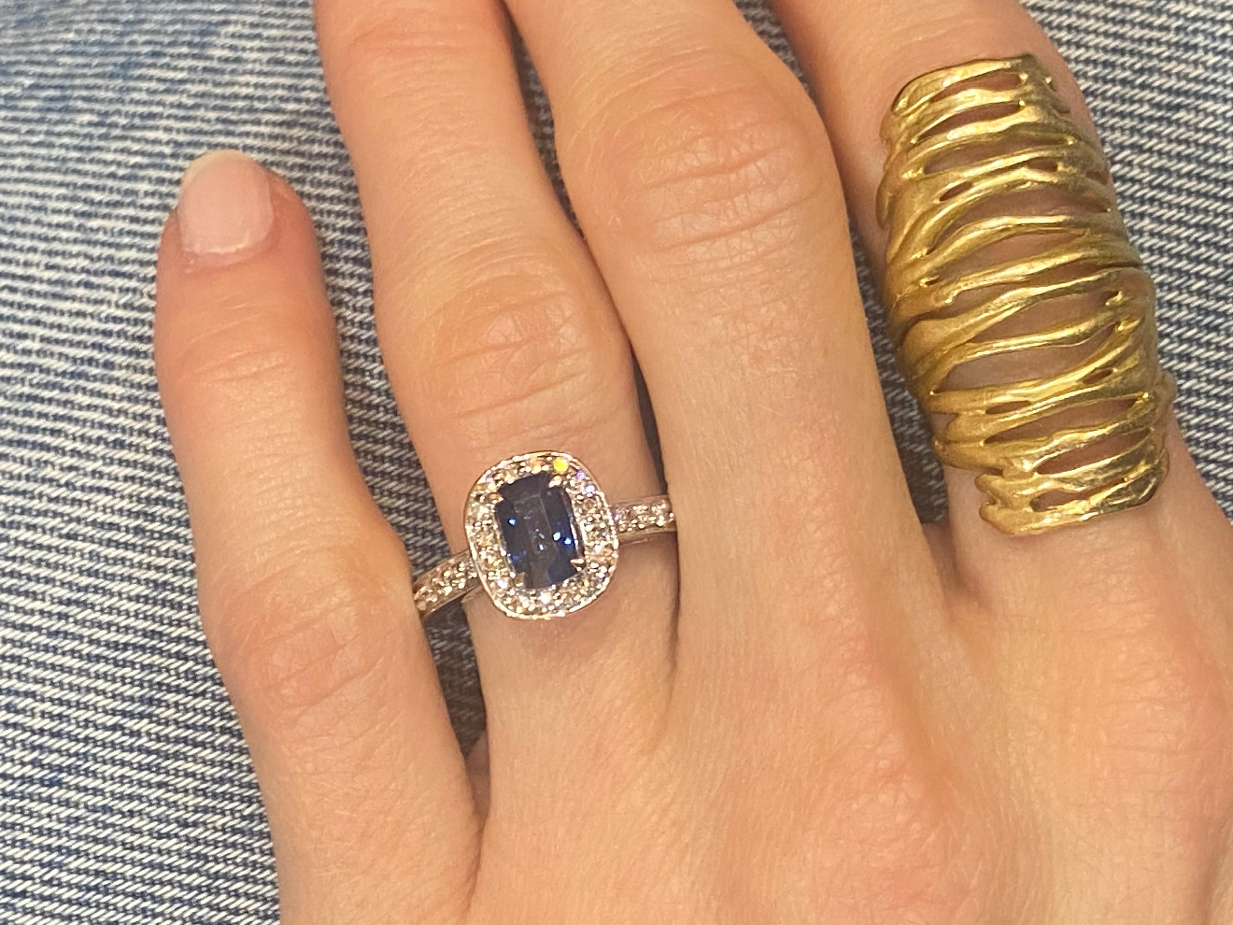 1.78ctw Emerald Cut Sapphire & Round Diamond Halo Ring in 14KT Gold In New Condition For Sale In New York, NY