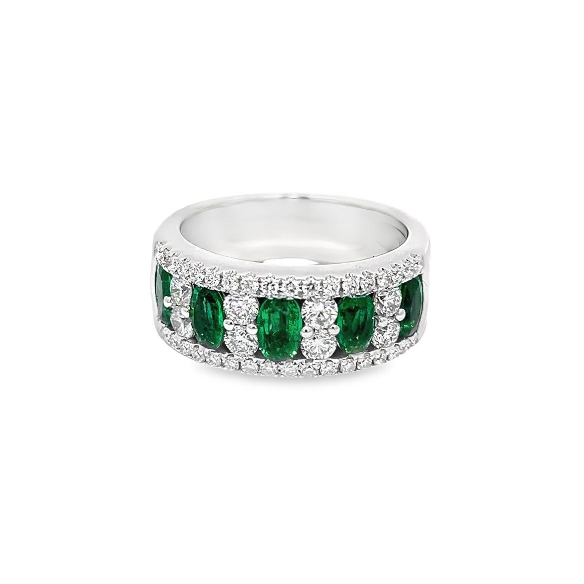 Oval Cut 1.78c.w total Victorian Style Emerald and Diamond Ladies Ring in 18K White Gold For Sale