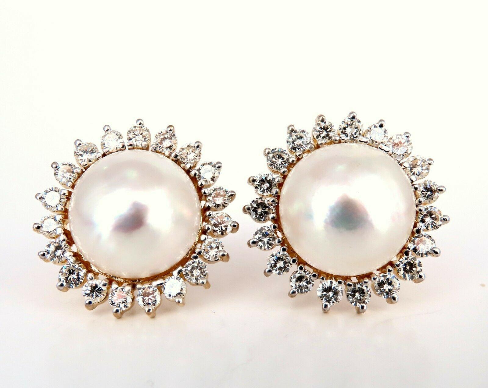 Round Cut Mabe Pearls 4ct Diamonds Clip Earrings 14kt Gold For Sale