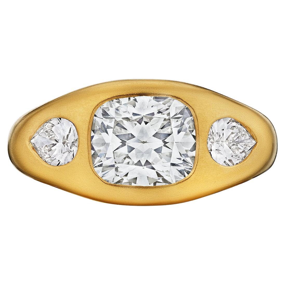 1.79 Carat Cushion Brilliant Cut Diamond Gold Burnished Set Ring For Sale