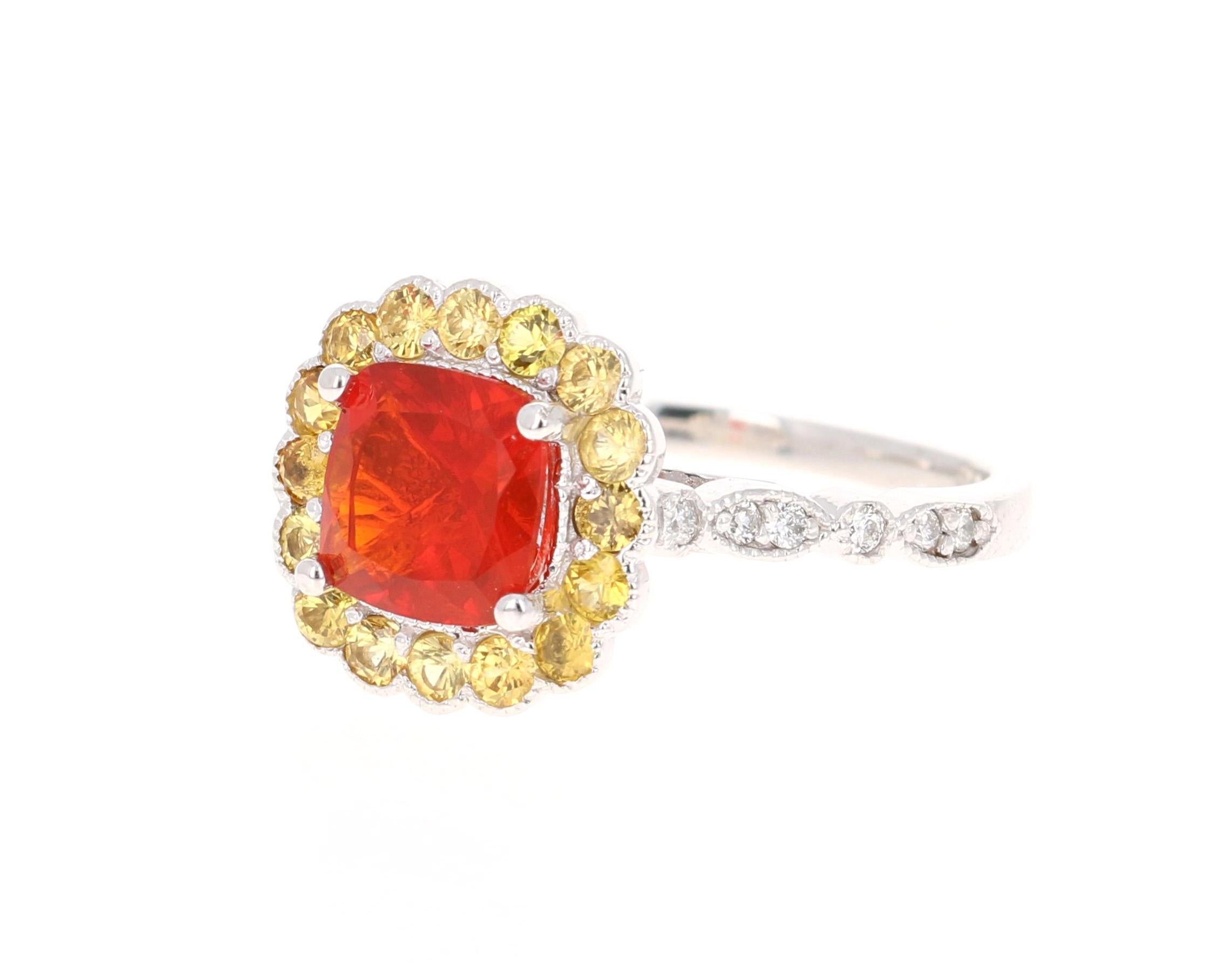 Contemporary 1.79 Carat Cushion Cut Fire Opal Diamond 14 Karat White Gold Ring For Sale