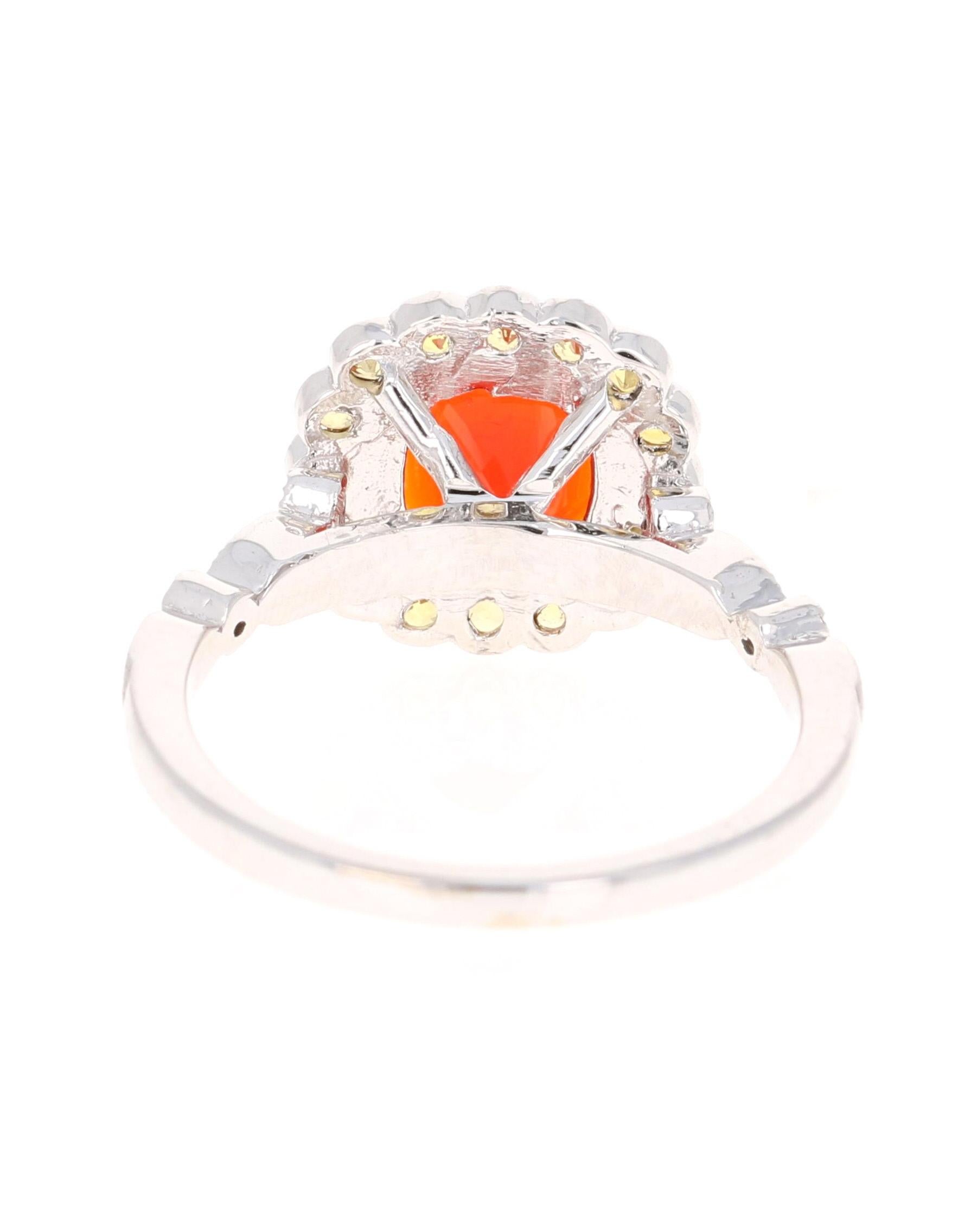 Taille coussin Bague en or blanc 14 carats avec opale de feu et diamant taille coussin de 1,79 carat en vente