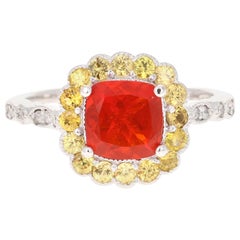 Retro 1.79 Carat Cushion Cut Fire Opal Diamond 14 Karat White Gold Ring