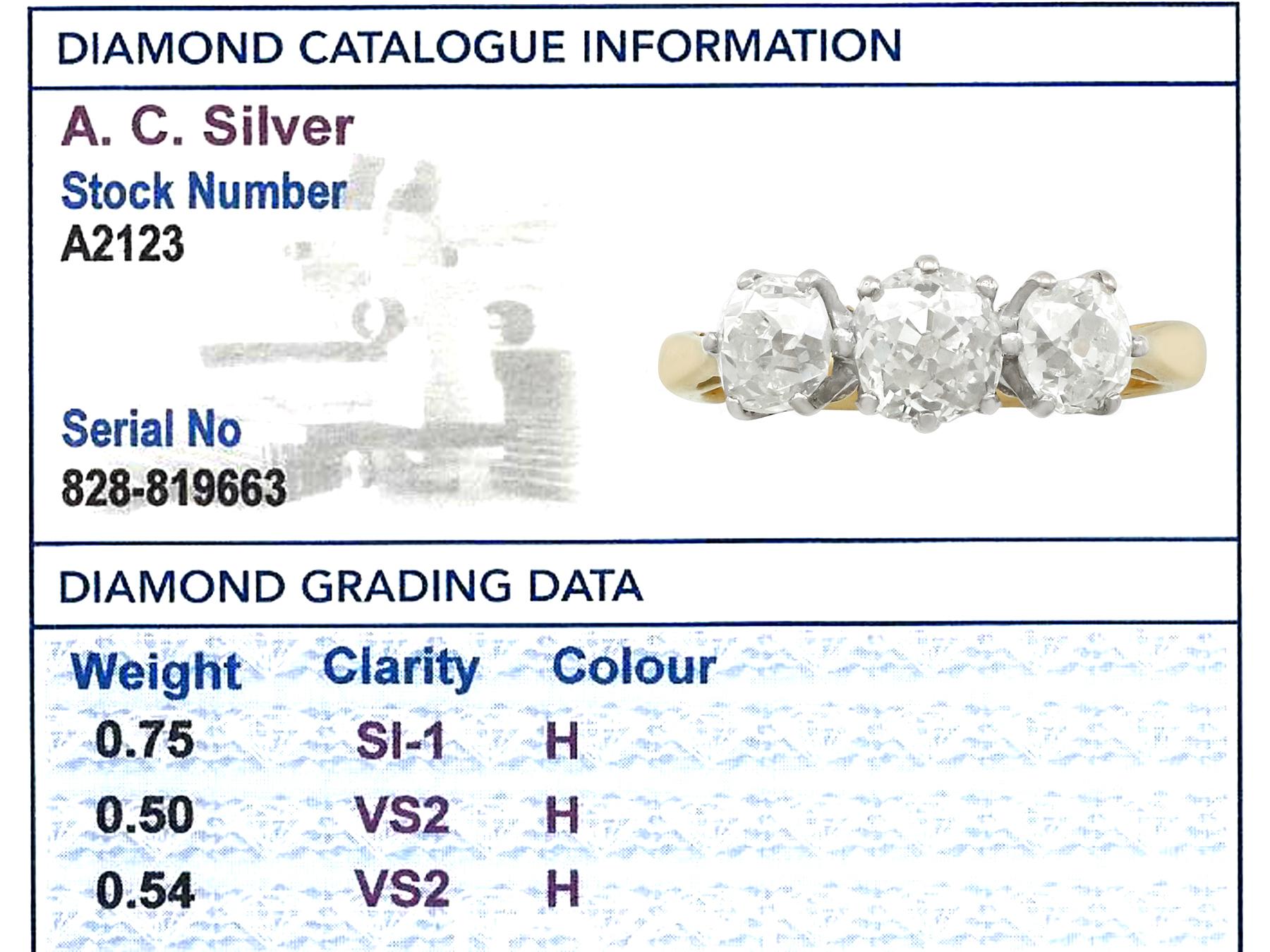 1.79 Carat Diamond Three-Stone Engagement Ring in Yellow Gold 1