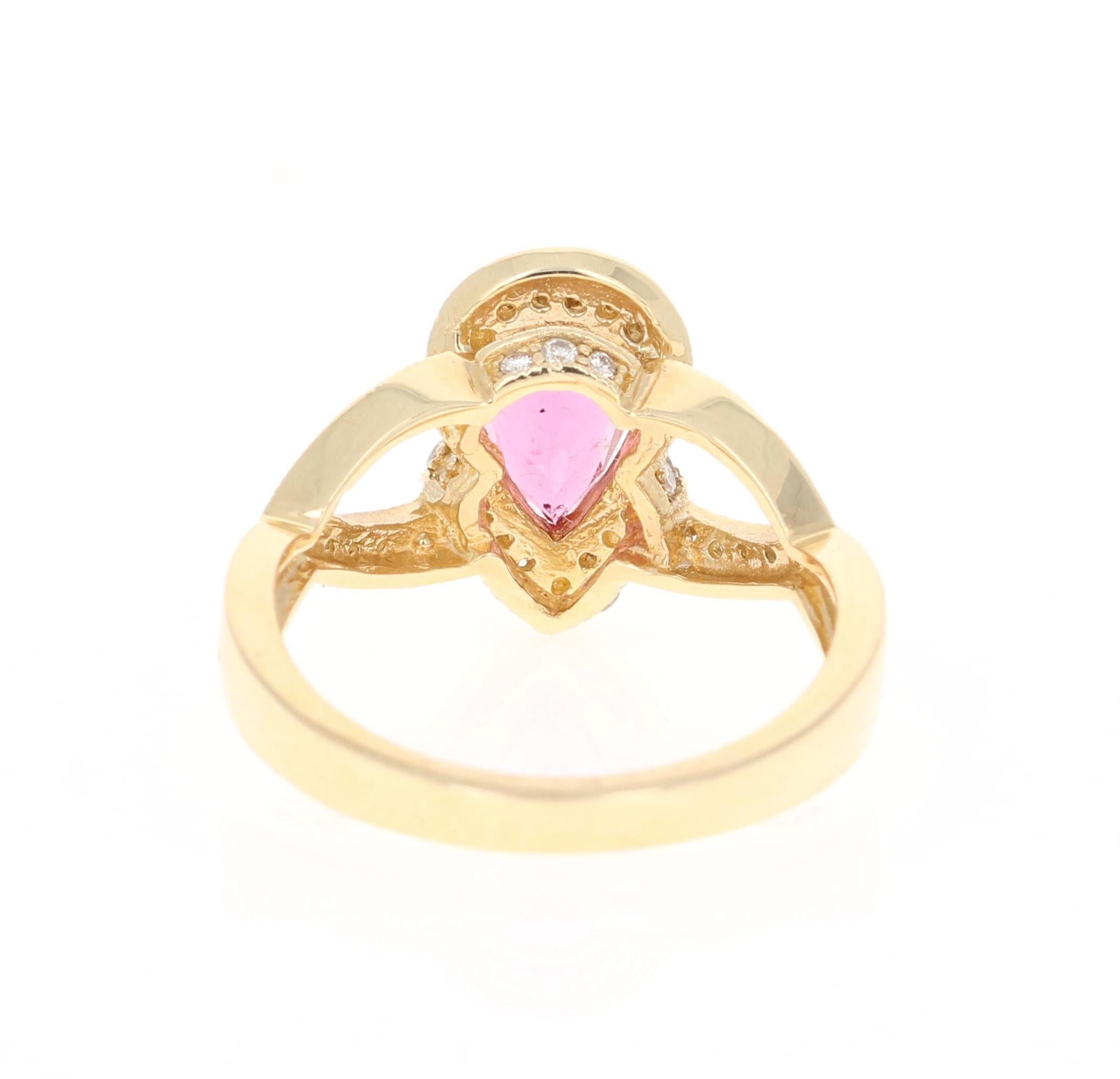 Pear Cut 1.79 Carat Pink Tourmaline Diamond Yellow Gold Cocktail Ring