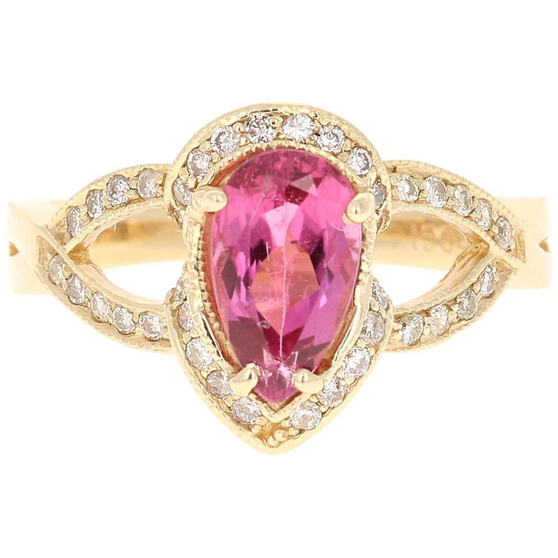 1.79 Carat Pink Tourmaline Diamond Yellow Gold Cocktail Ring