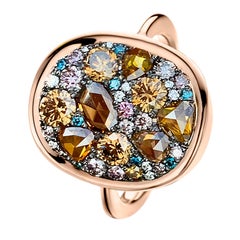1.79 Carat Rose-Cut and Briljant-Cut Brown, Pink and Blue Diamond Pave Ring