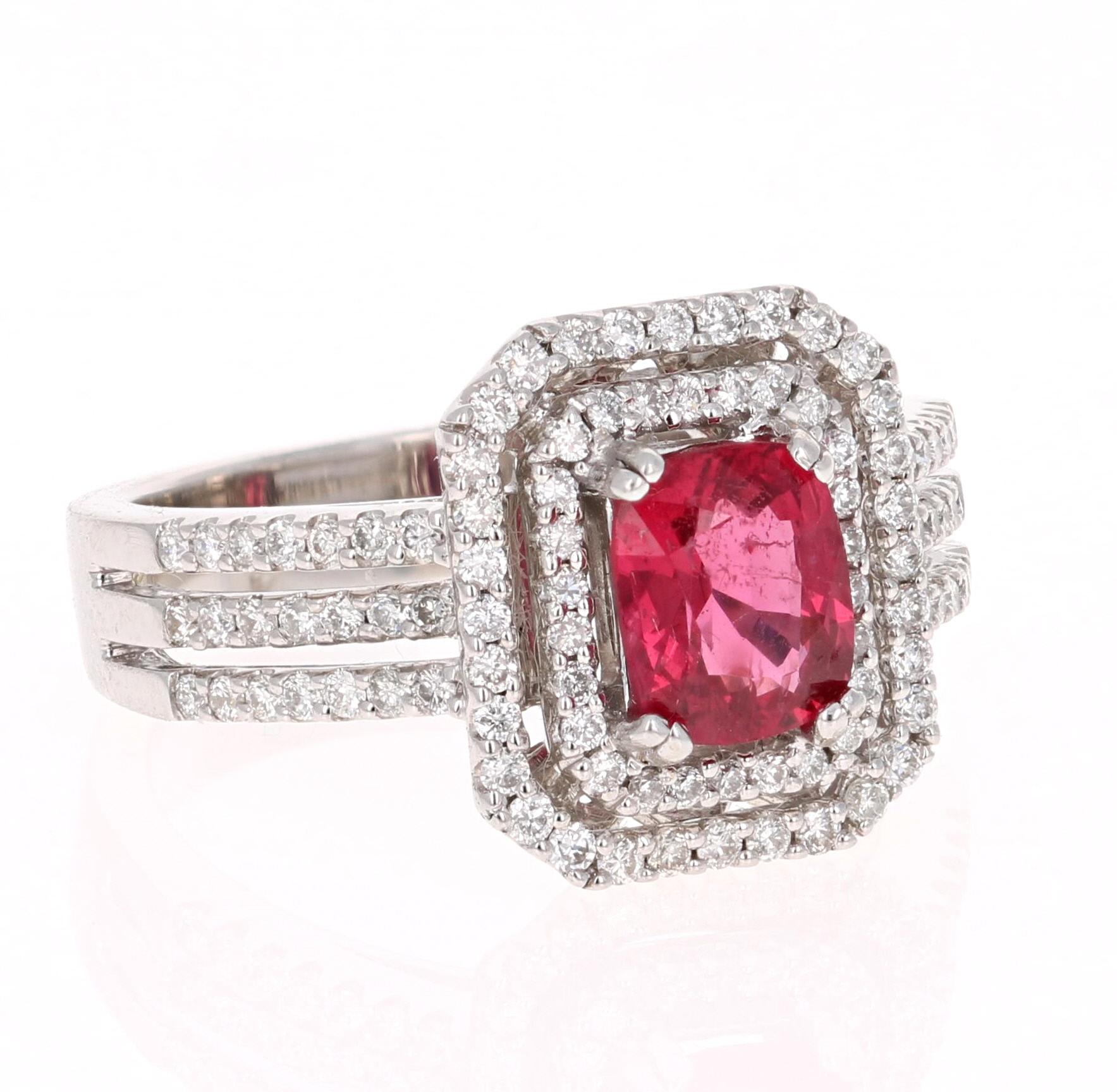 Gorgeous Gorgeous Gorgeous! 

The Spinel is natural and weighs 1.09 Carats. It has 100 Round Cut Diamonds set in a Double Halo weighing 0.70 Carats. The clarity and color of the diamonds are SI2-F The total carat weight is 1.79 Carats.

It is set in