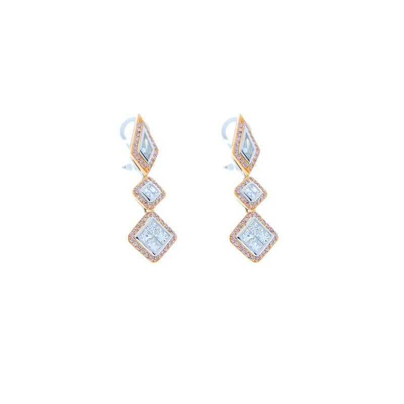 Asscher Cut 1.79 Carat Total Fancy Shape Two-Tone Diamond Drop Earring For Sale