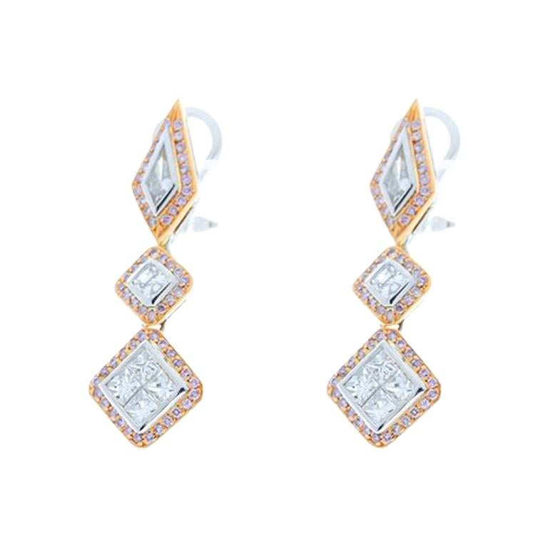 Pendiente de gota de diamante en dos tonos, forma fantasía, 1,79 quilates totales